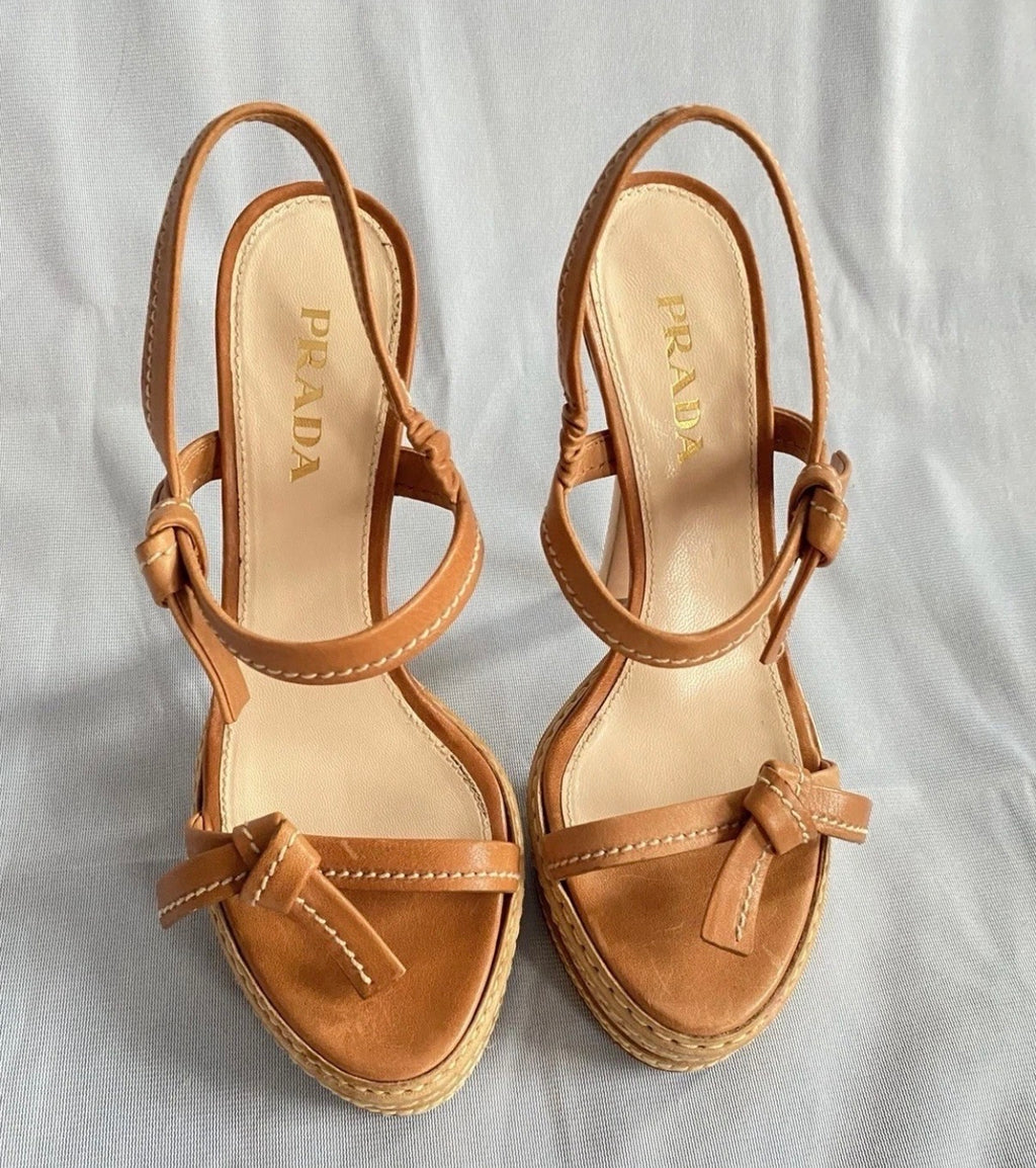 PRADA Iconic Spring/2009 High Heel Platform Sandals in Tan Leather 37eu