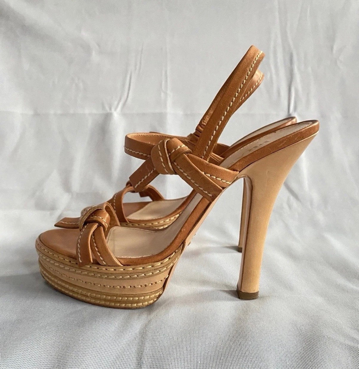 PRADA Iconic Spring/2009 High Heel Platform Sandals in Tan Leather 37eu