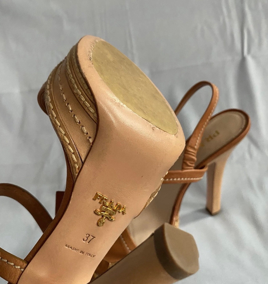 PRADA Iconic Spring/2009 High Heel Platform Sandals in Tan Leather 37eu