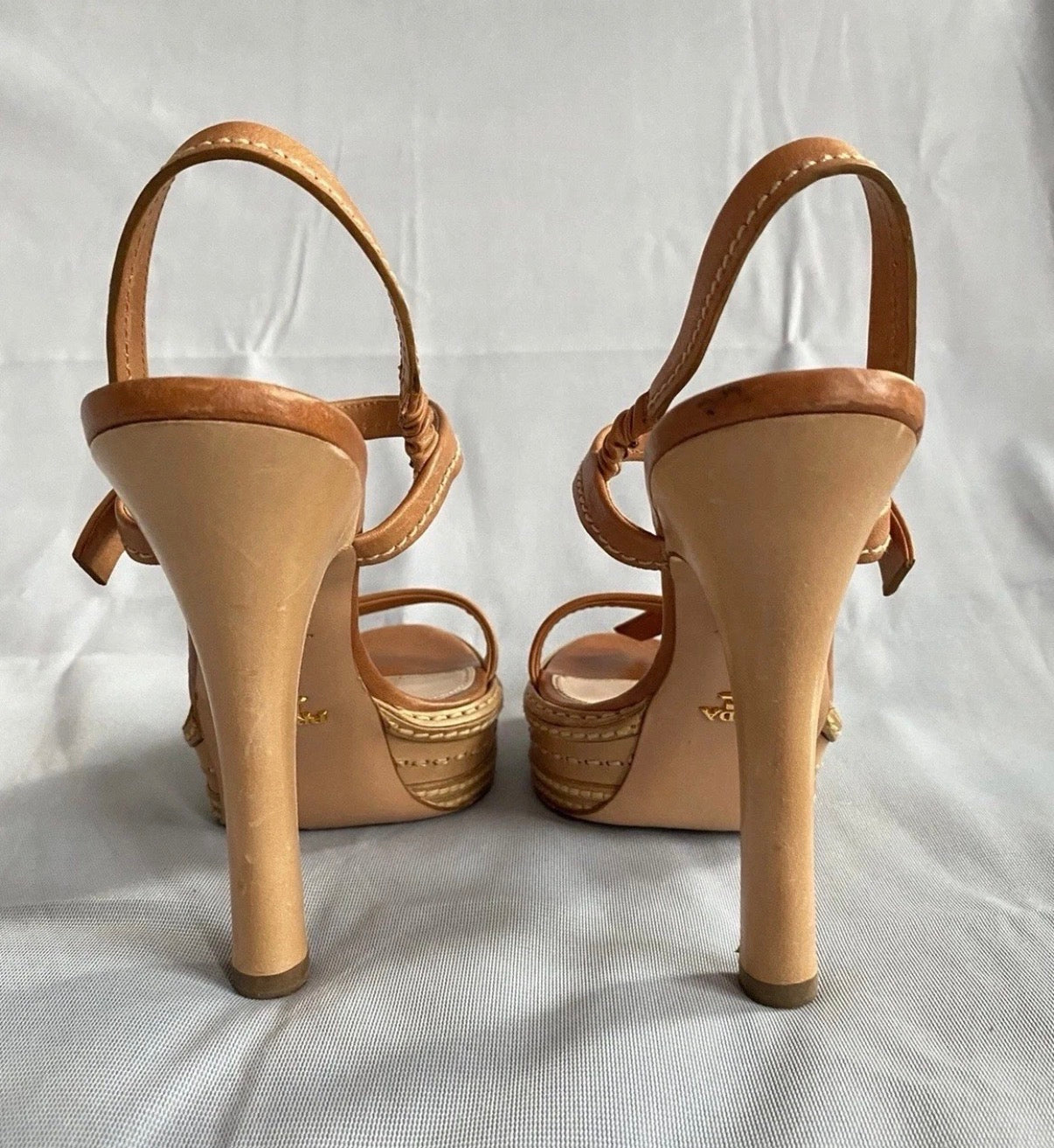 PRADA Iconic Spring/2009 High Heel Platform Sandals in Tan Leather 37eu