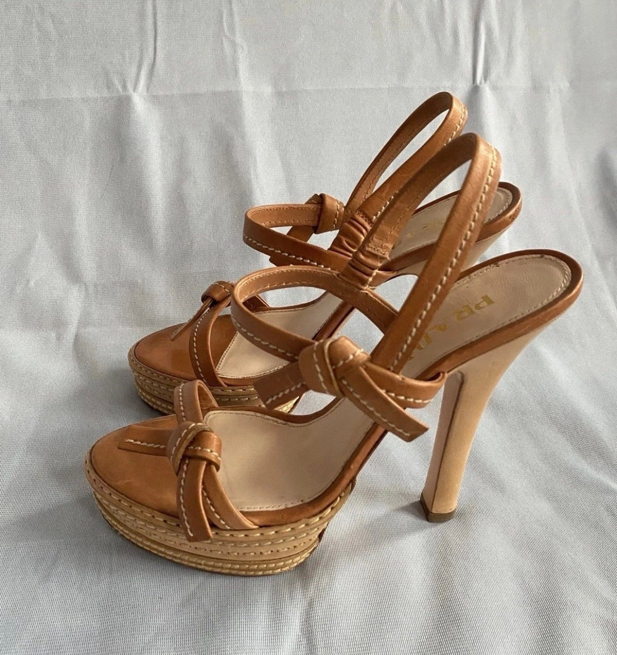 PRADA Iconic Spring/2009 High Heel Platform Sandals in Tan Leather 37eu