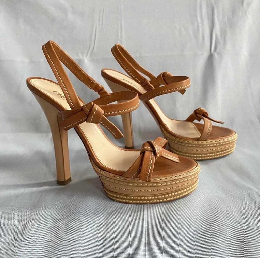 PRADA Iconic Spring/2009 High Heel Platform Sandals in Tan Leather 37eu