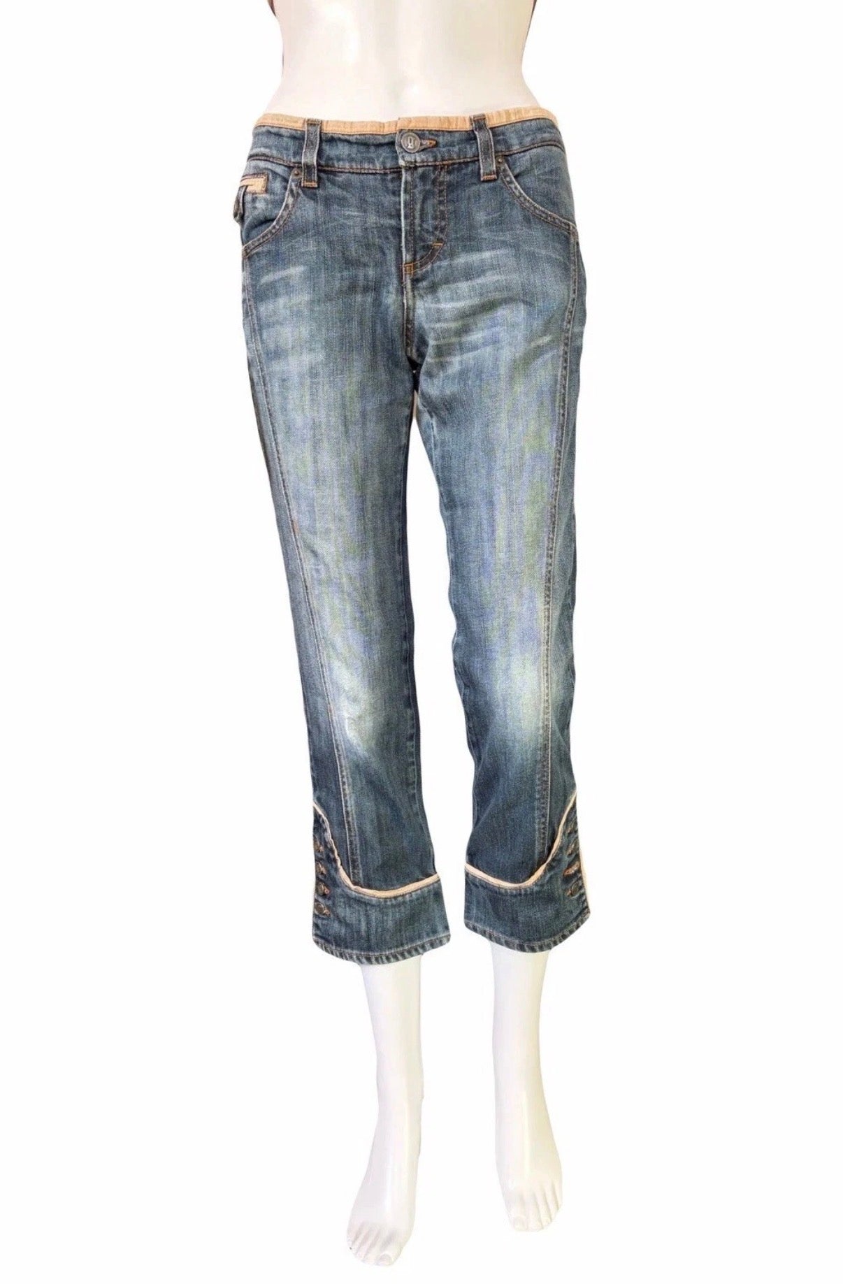 JOHN GALLIANO Denim Cropped Jeans 2000s Washed Blue Logo Buttons 27 Vintage