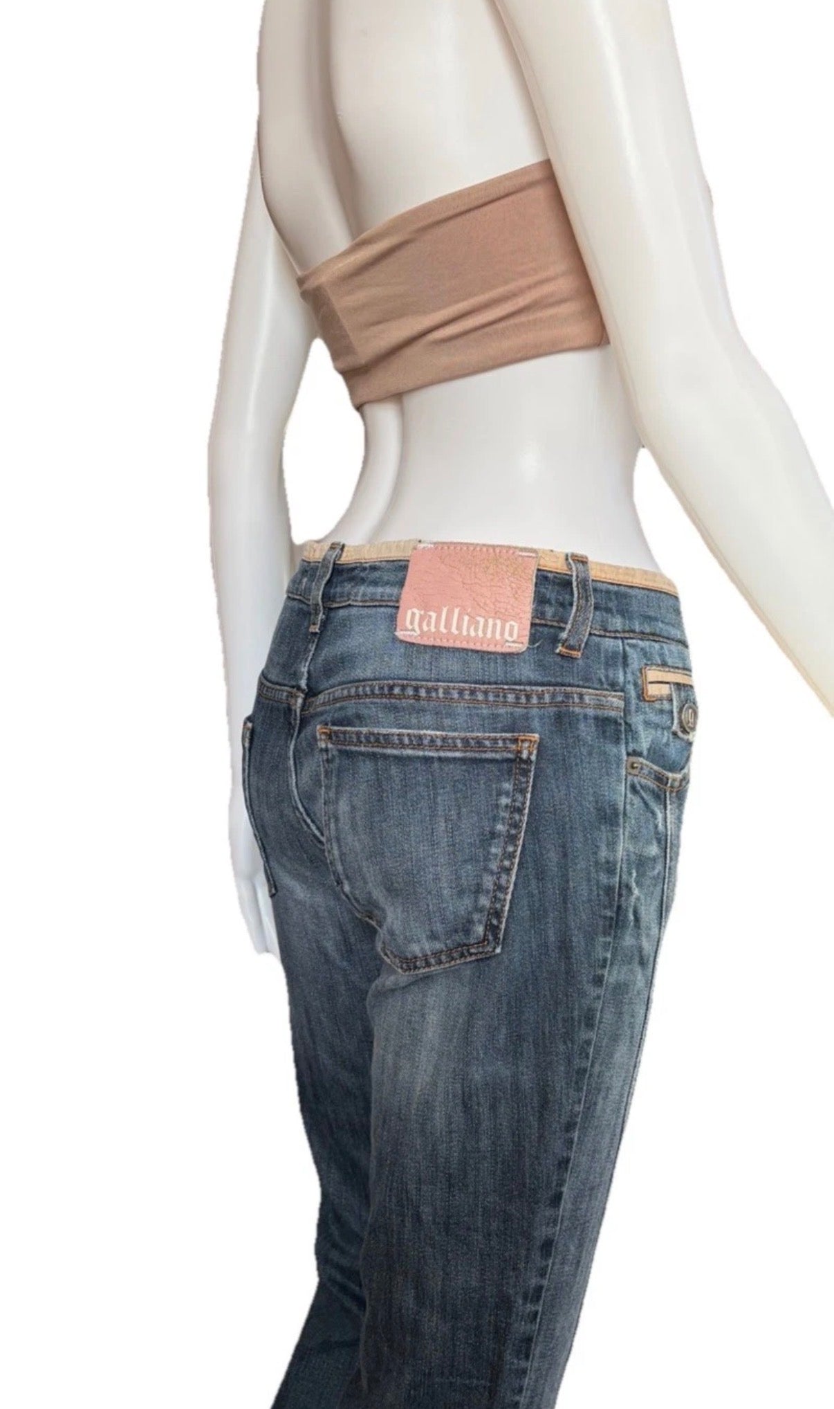 JOHN GALLIANO Denim Cropped Jeans 2000s Washed Blue Logo Buttons 27 Vintage