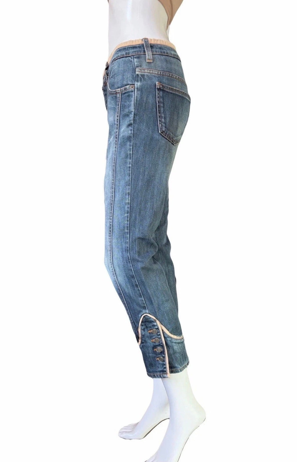 JOHN GALLIANO Denim Cropped Jeans 2000s Washed Blue Logo Buttons 27 Vintage