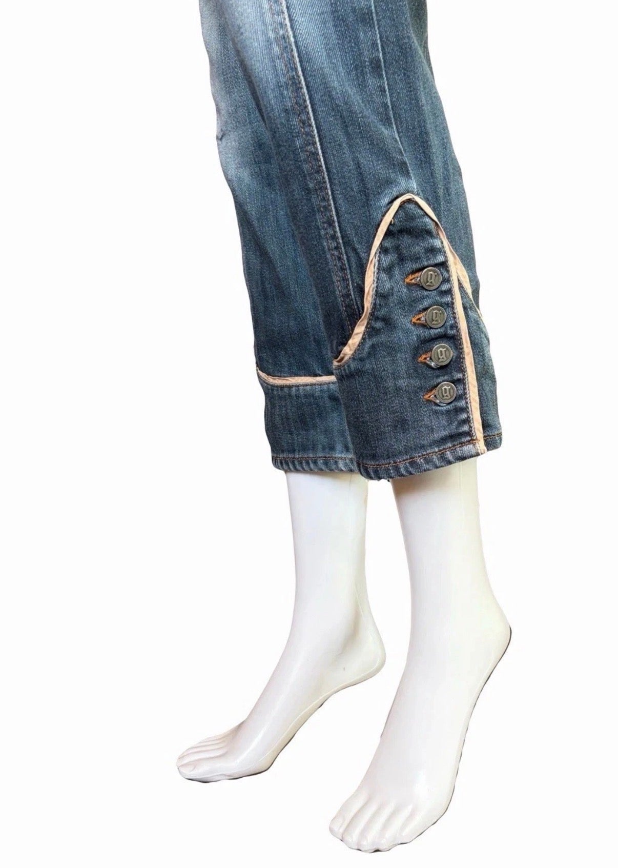 JOHN GALLIANO Denim Cropped Jeans 2000s Washed Blue Logo Buttons 27 Vintage
