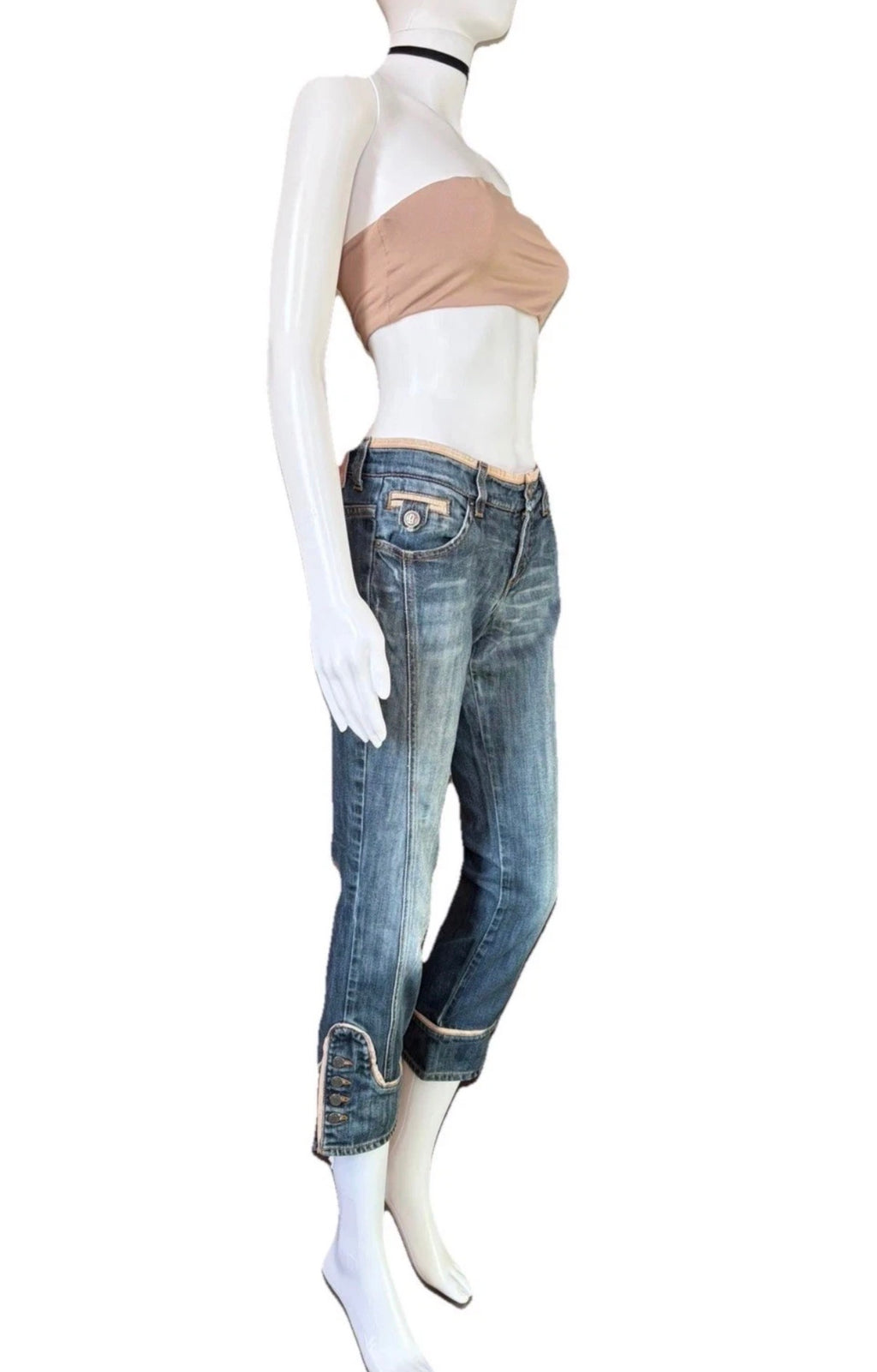 JOHN GALLIANO Denim Cropped Jeans 2000s Washed Blue Logo Buttons 27 Vintage