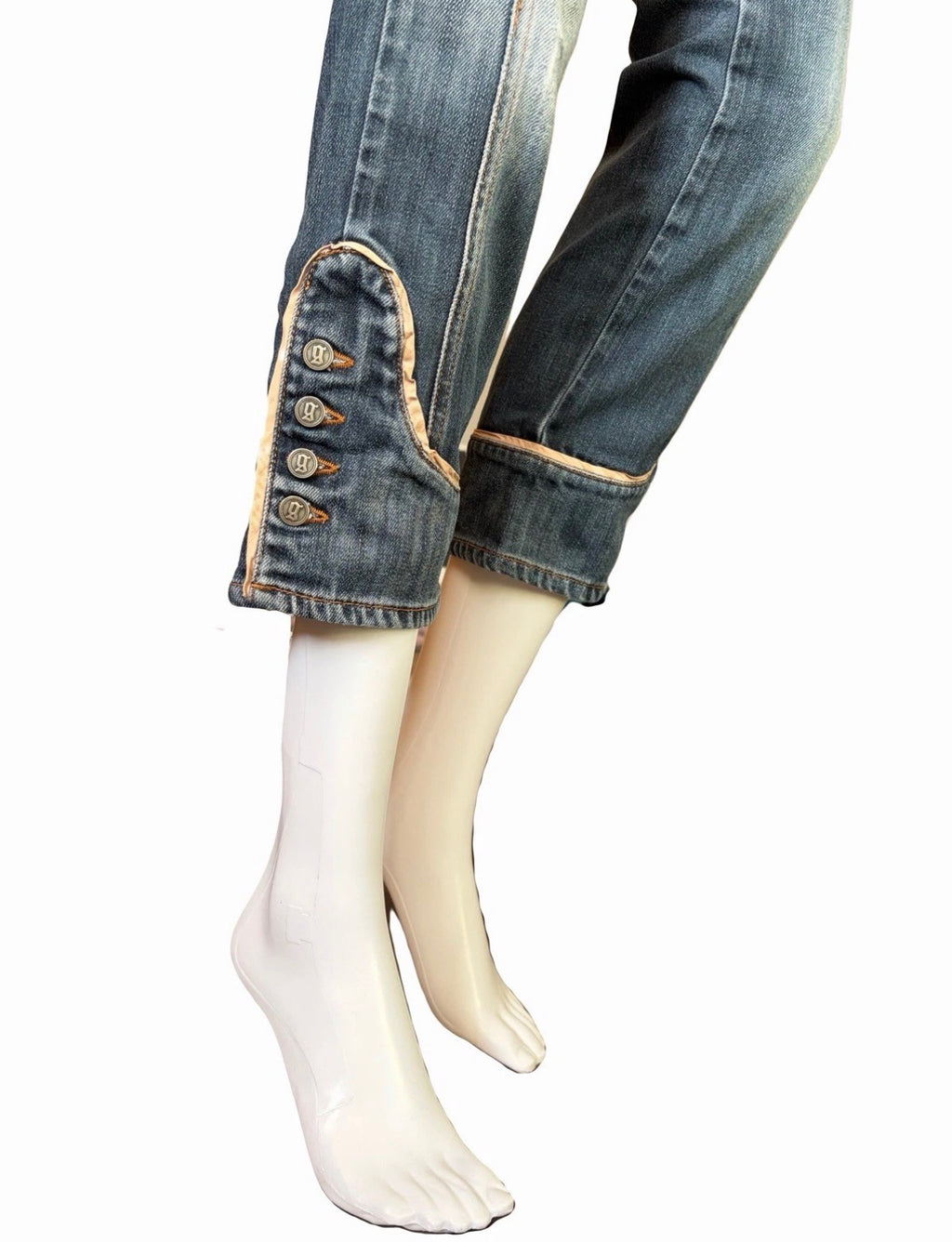 JOHN GALLIANO Denim Cropped Jeans 2000s Washed Blue Logo Buttons 27 Vintage