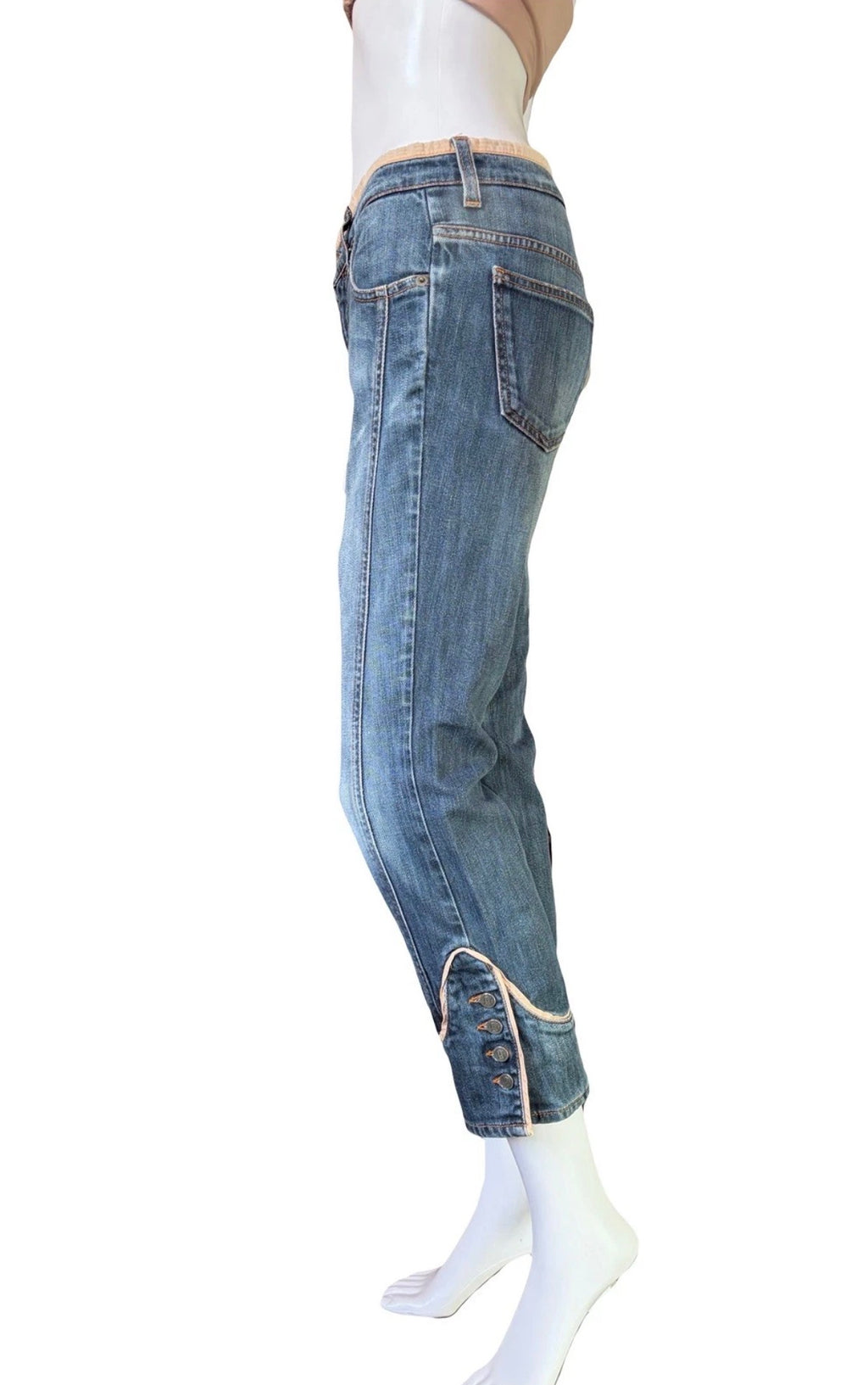 JOHN GALLIANO Denim Cropped Jeans 2000s Washed Blue Logo Buttons 27 Vintage