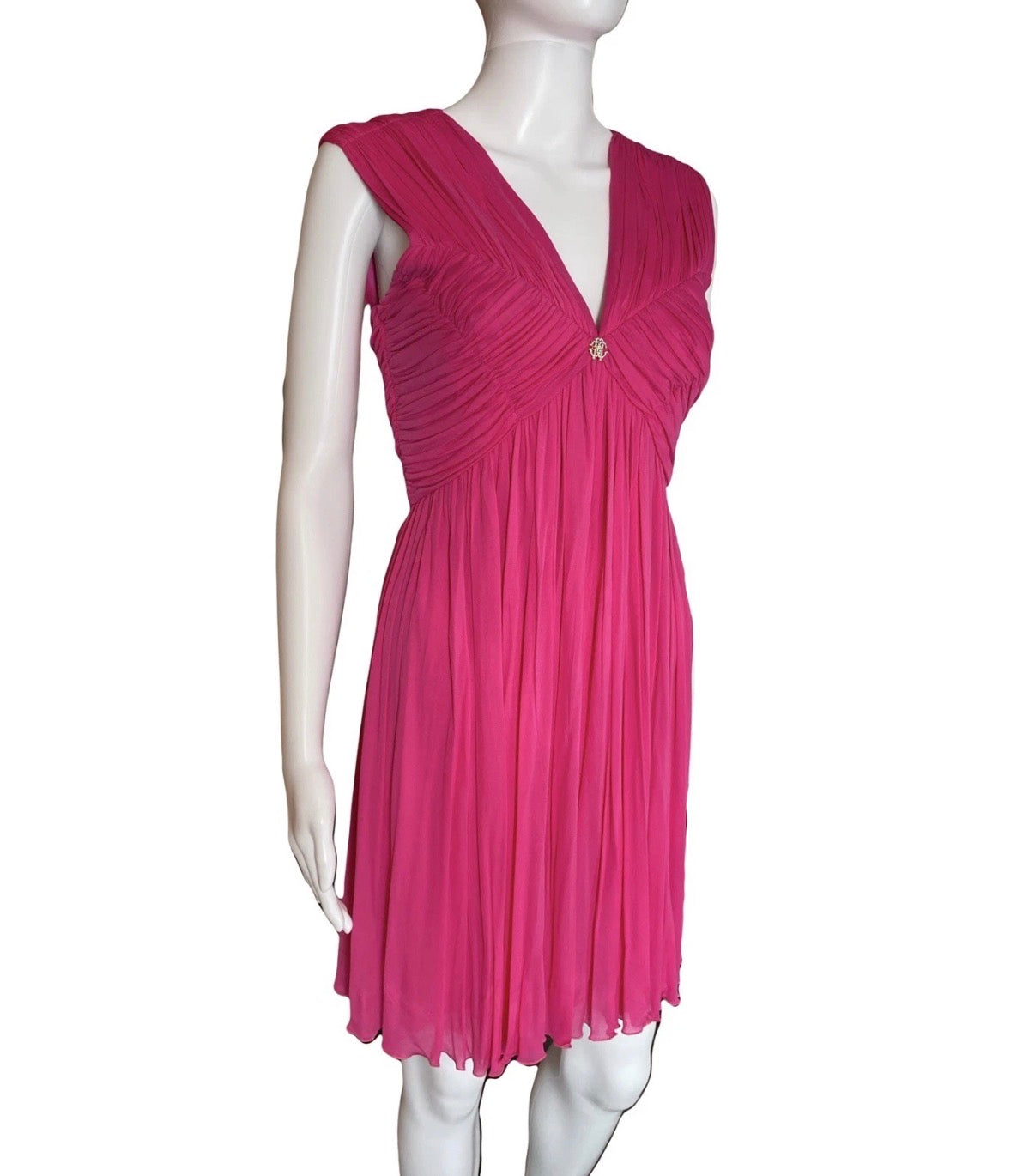 Roberto Cavalli Pink Cocktail Mini Dress Draped V-Neck 40IT Jewelled Logo