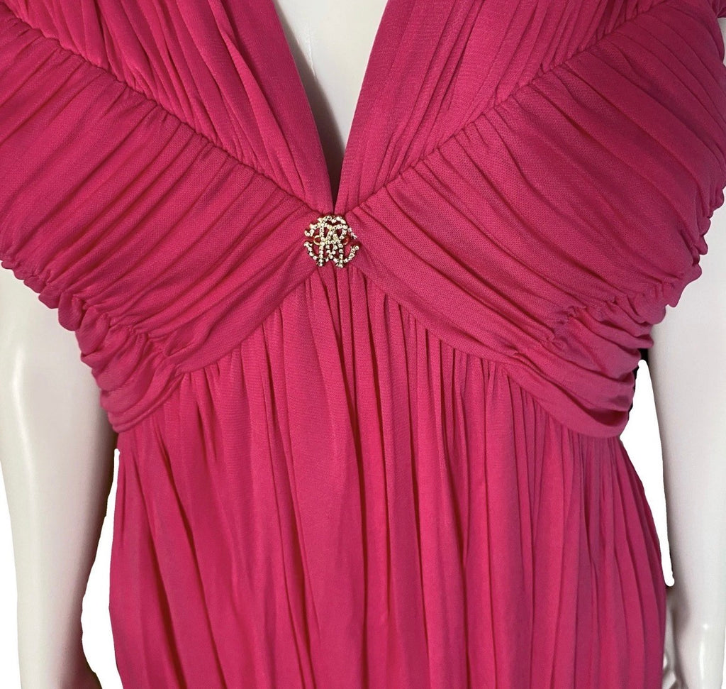 Roberto Cavalli Pink Cocktail Mini Dress Draped V-Neck 40IT Jewelled Logo