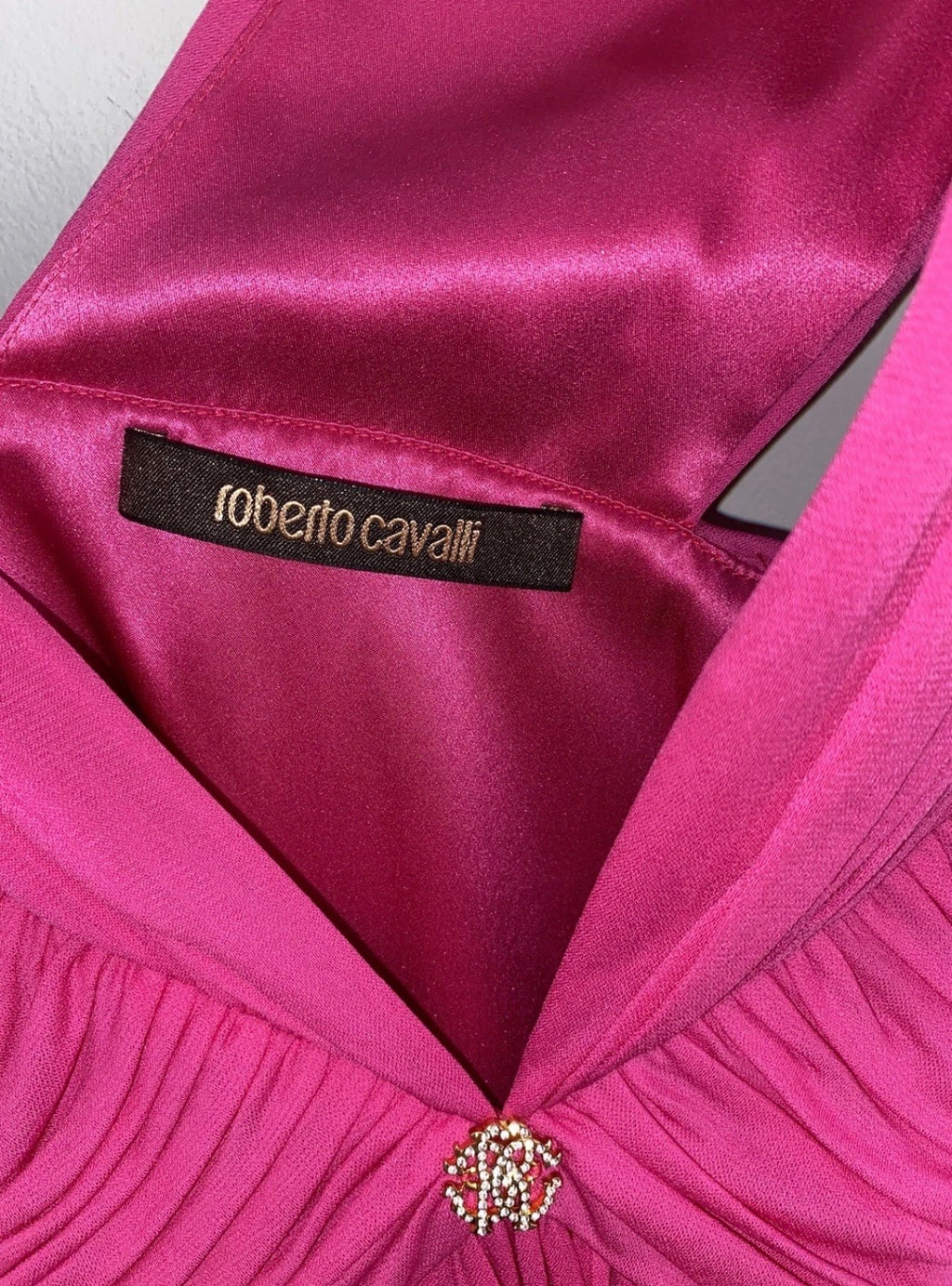Roberto Cavalli Pink Cocktail Mini Dress Draped V-Neck 40IT Jewelled Logo