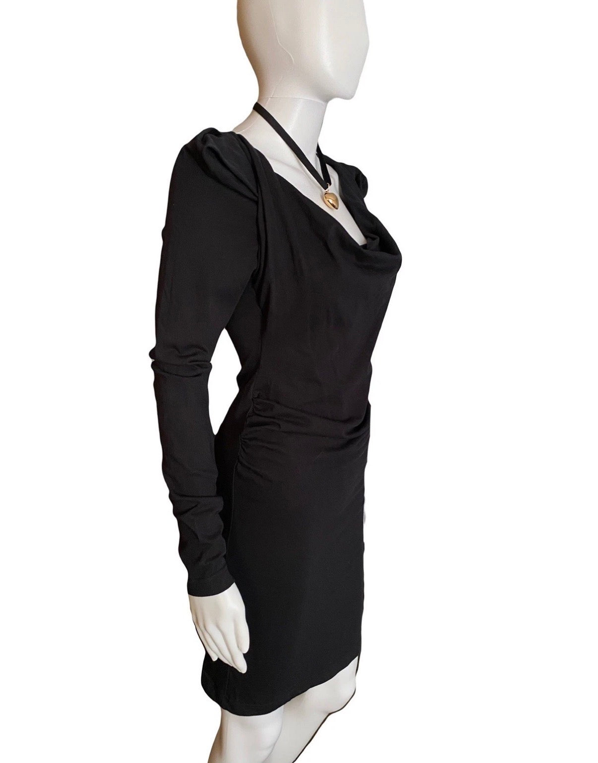 Vivienne Westwood Black Mini Bodycon Dress Puffed Sleeves Cowl Neck XS