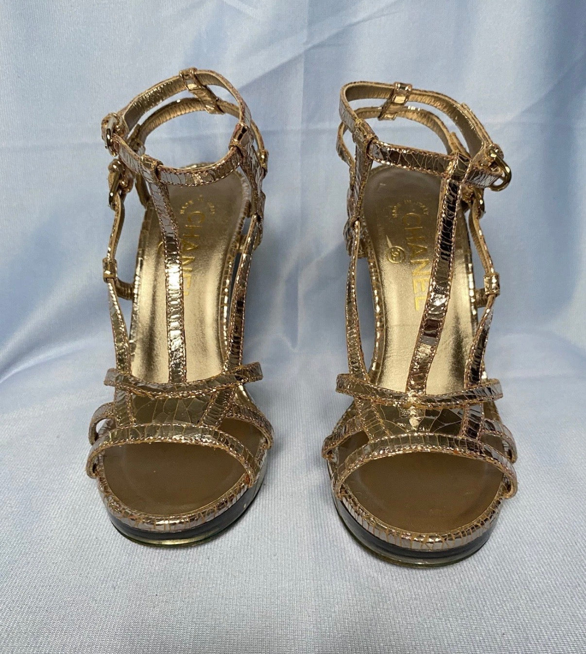 Chanel Rose Gold Sandals Cracked Leather Open Toe LED Light 36.5eu Resort 2015