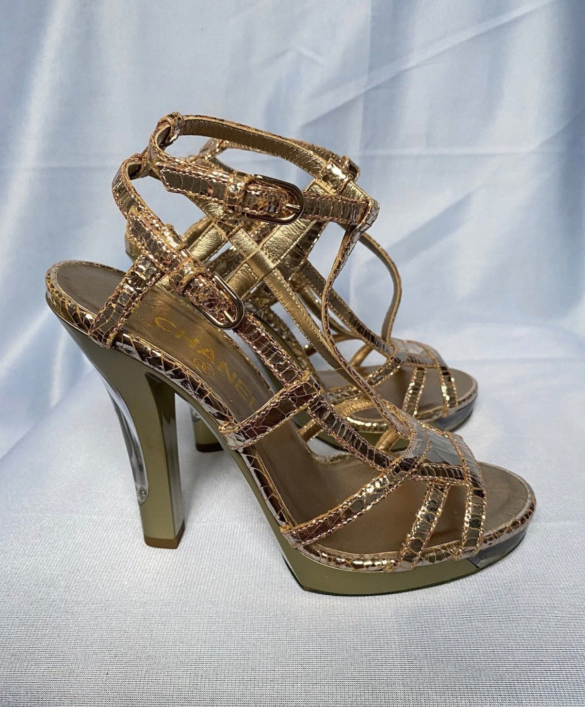 Chanel Rose Gold Sandals Cracked Leather Open Toe LED Light 36.5eu Resort 2015