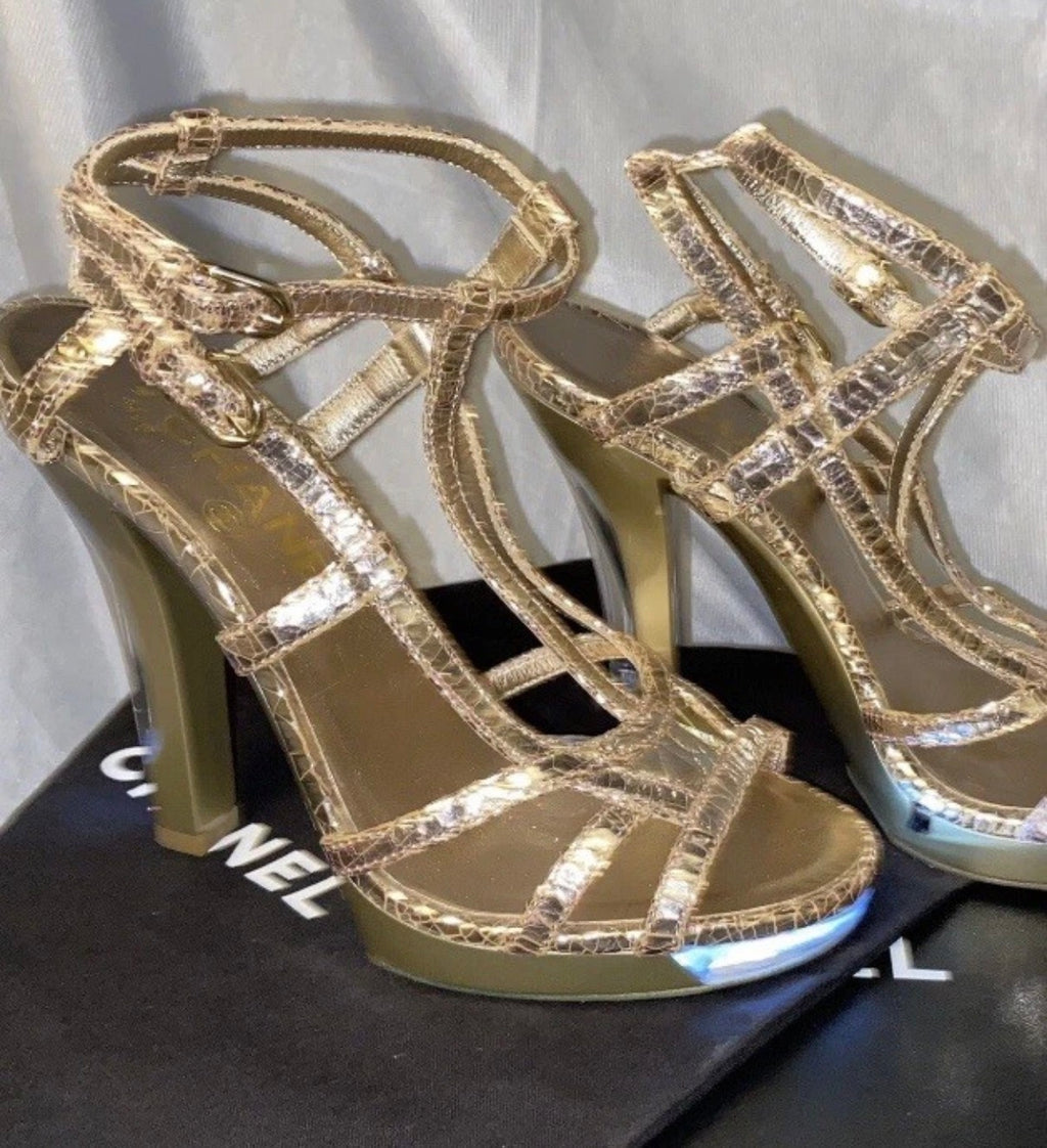 Chanel Rose Gold Sandals Cracked Leather Open Toe LED Light 36.5eu Resort 2015