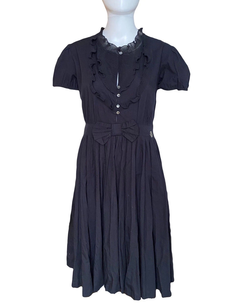 John Galliano 2000s Gothic Dress Puff Sleeves Ruffles Bow Waist 44IT Vintage
