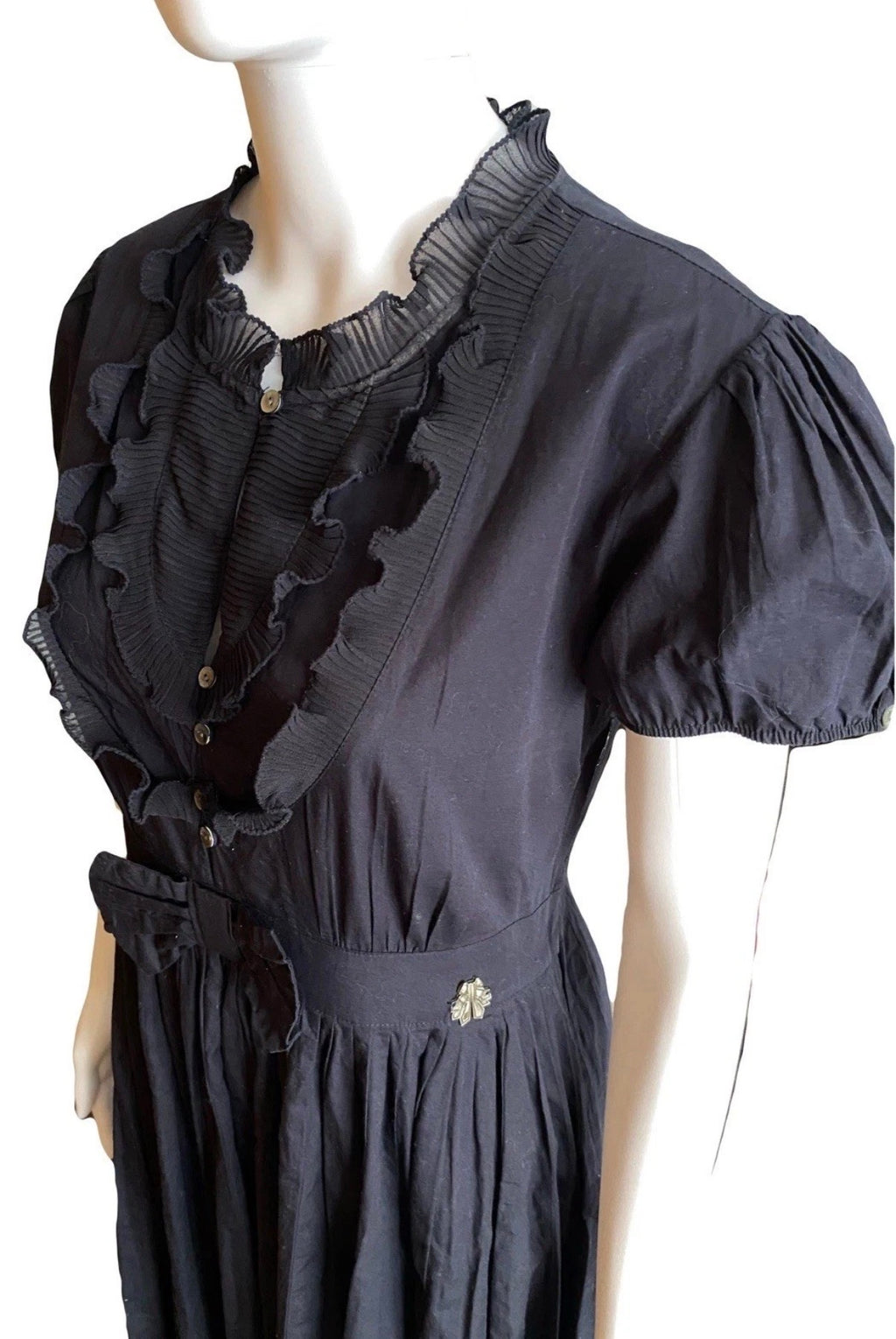 John Galliano 2000s Gothic Dress Puff Sleeves Ruffles Bow Waist 44IT Vintage