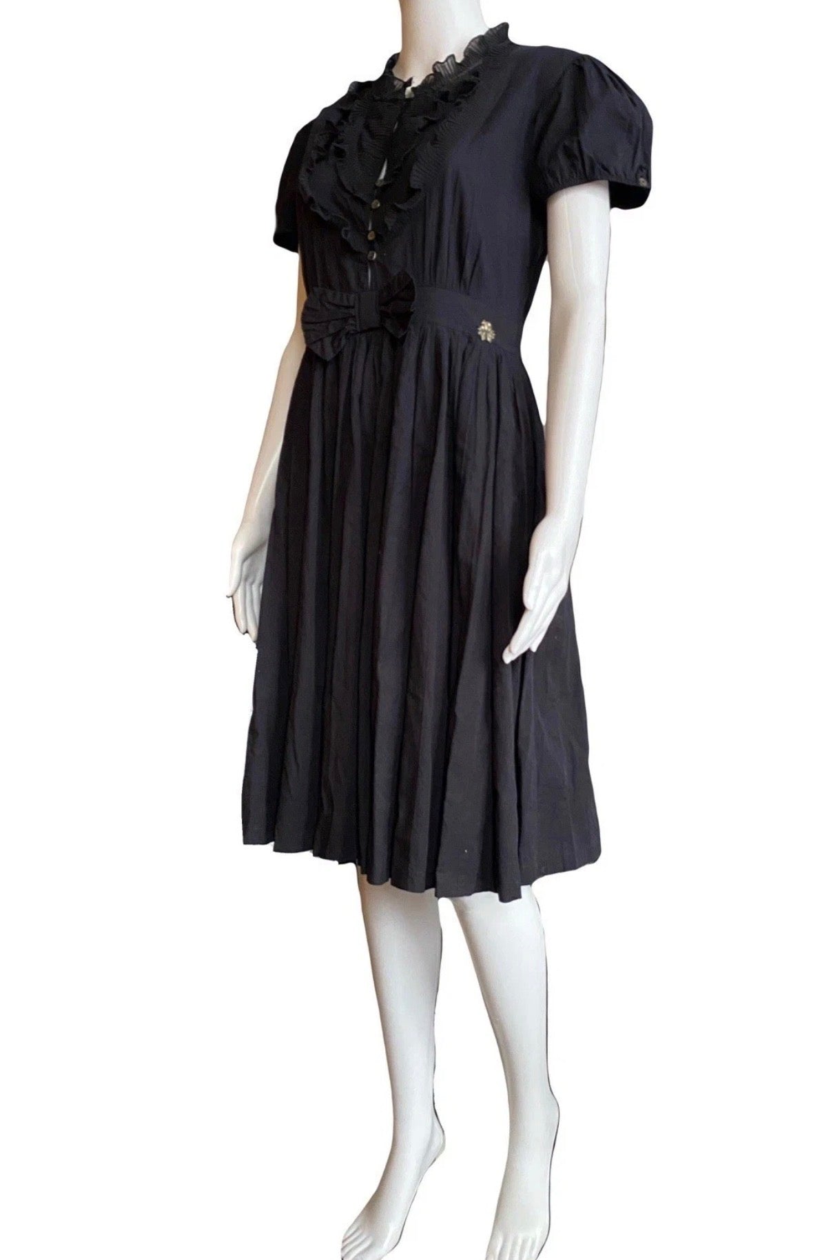 John Galliano 2000s Gothic Dress Puff Sleeves Ruffles Bow Waist 44IT Vintage