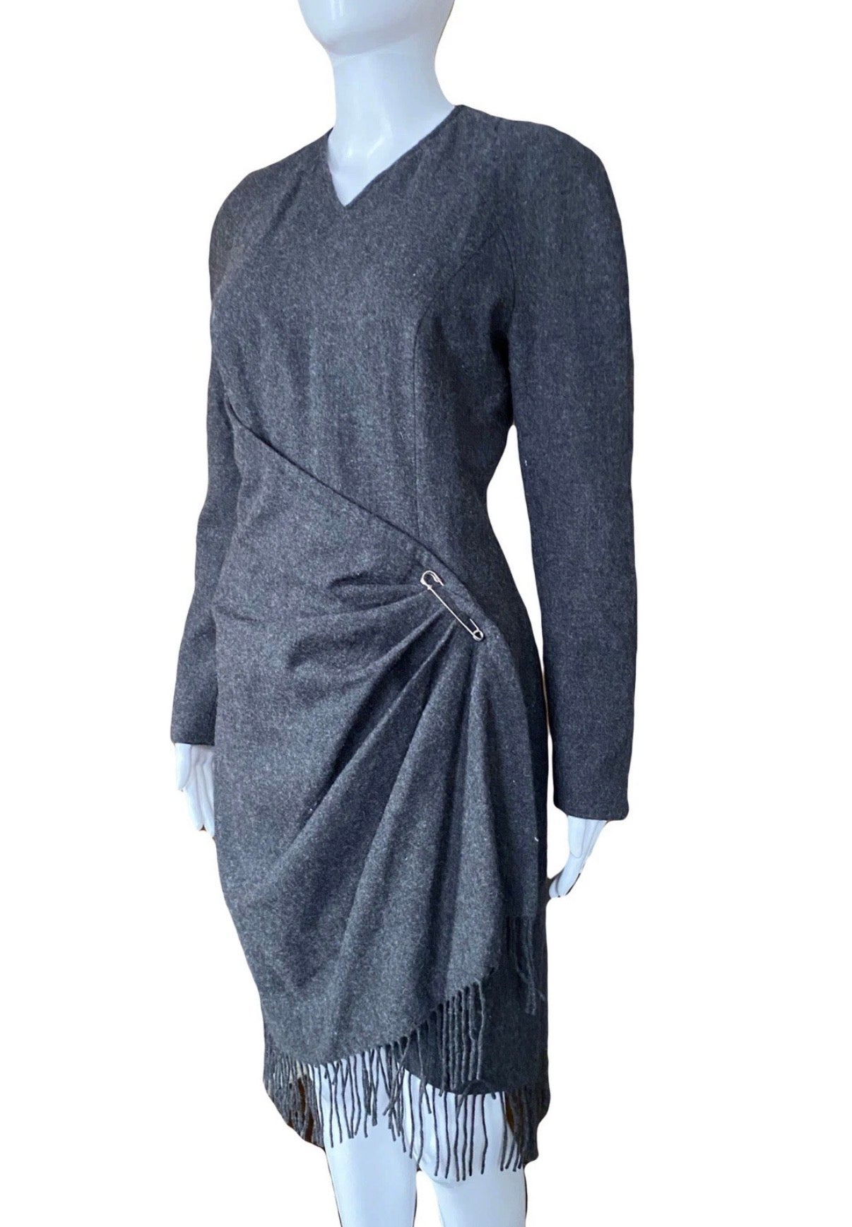 Mugler Grey Wool Fringe Dress 40FR With Metal Pin Vintage 90s
