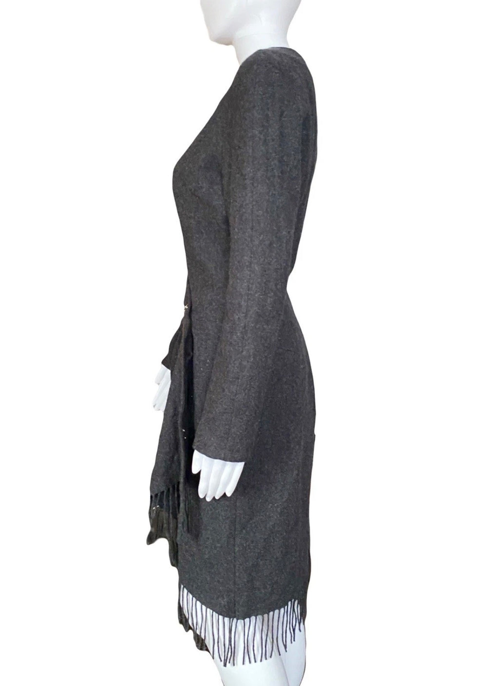 Mugler Grey Wool Fringe Dress 40FR With Metal Pin Vintage 90s