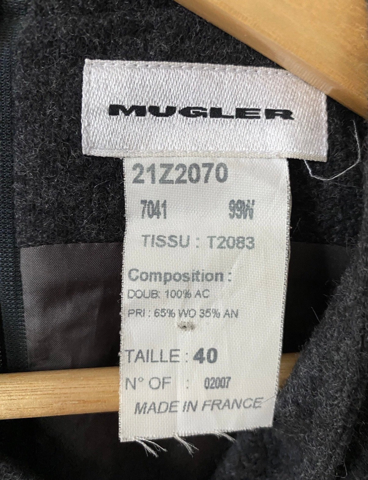 Mugler Grey Wool Fringe Dress 40FR With Metal Pin Vintage 90s