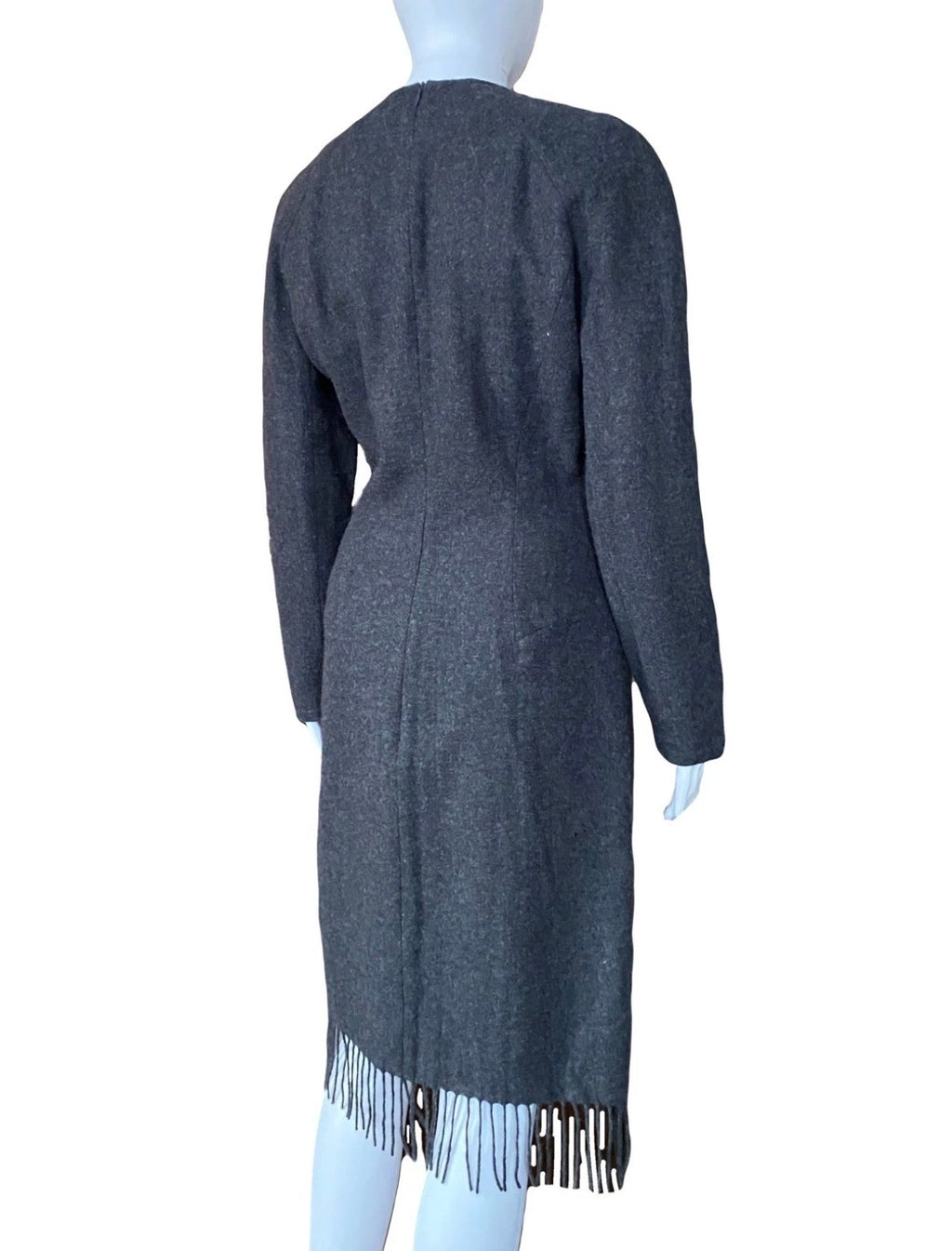 Mugler Grey Wool Fringe Dress 40FR With Metal Pin Vintage 90s