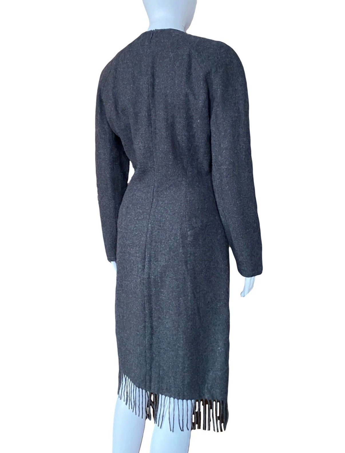Mugler Grey Wool Fringe Dress 40FR With Metal Pin Vintage 90s