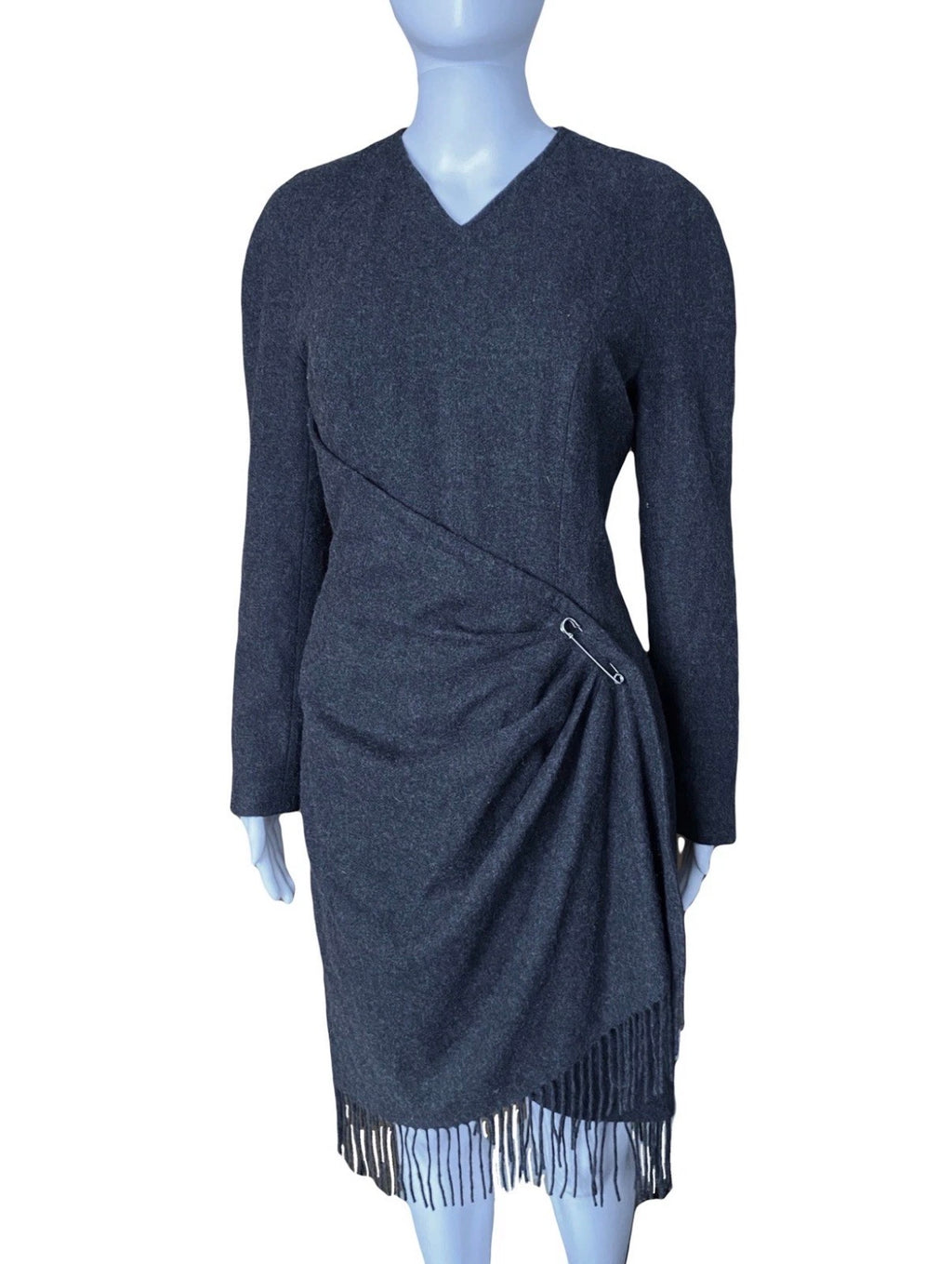 Mugler Grey Wool Fringe Dress 40FR With Metal Pin Vintage 90s