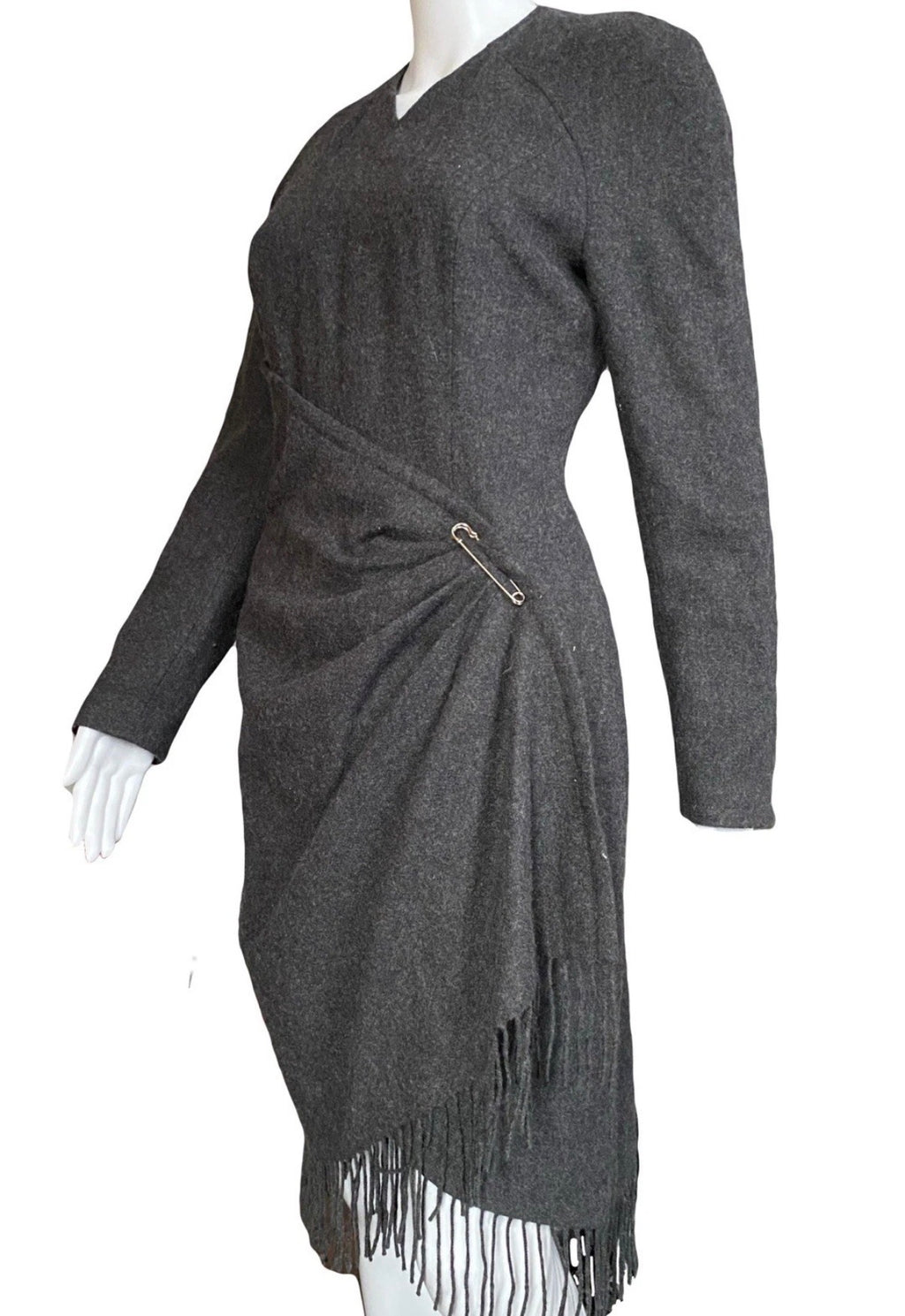 Mugler Grey Wool Fringe Dress 40FR With Metal Pin Vintage 90s