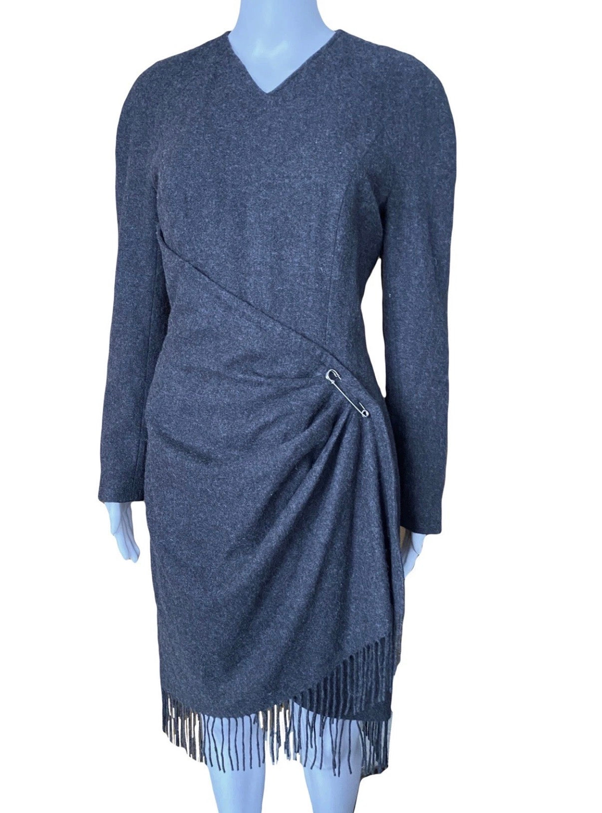 Mugler Grey Wool Fringe Dress 40FR With Metal Pin Vintage 90s