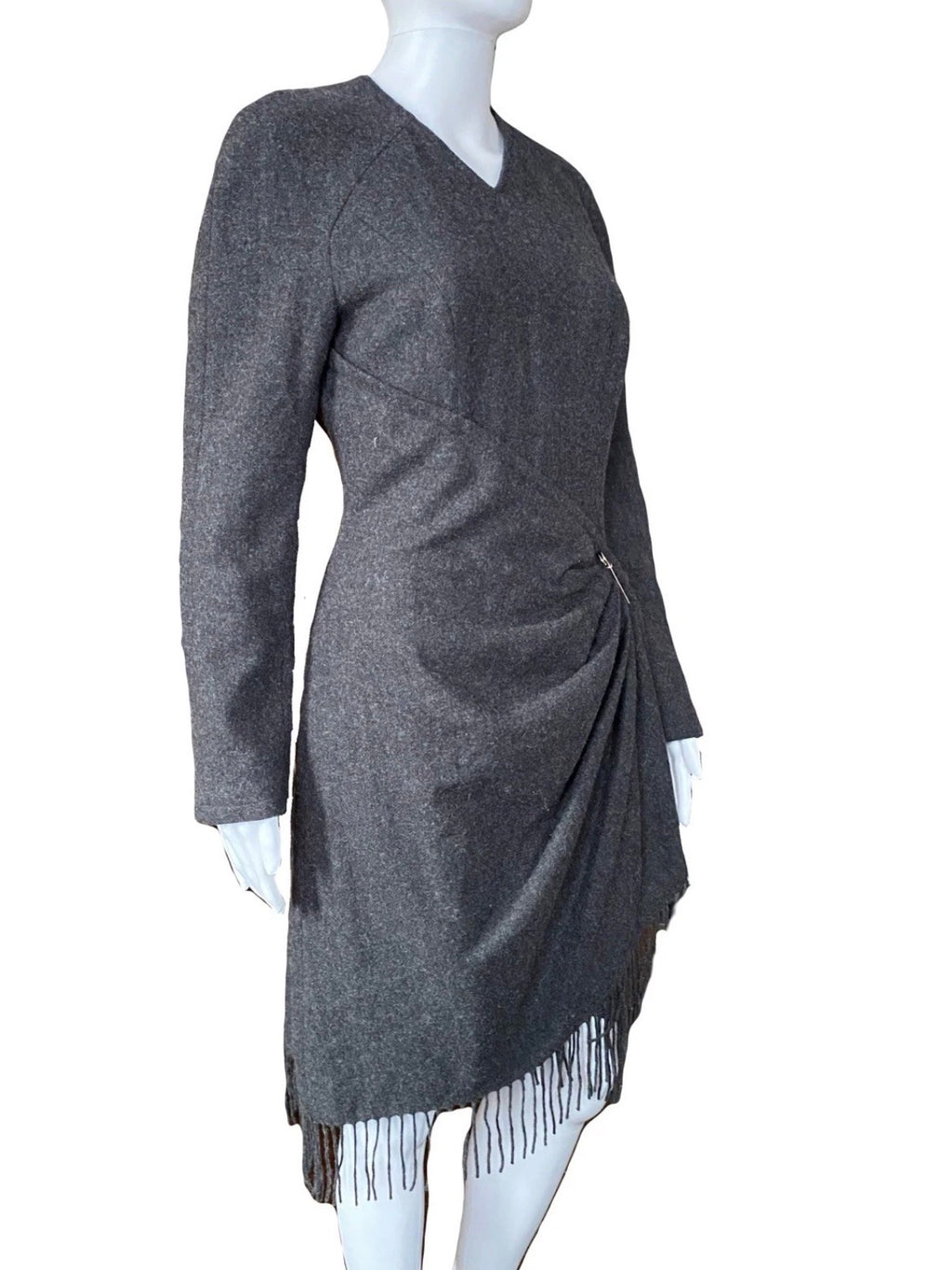 Mugler Grey Wool Fringe Dress 40FR With Metal Pin Vintage 90s