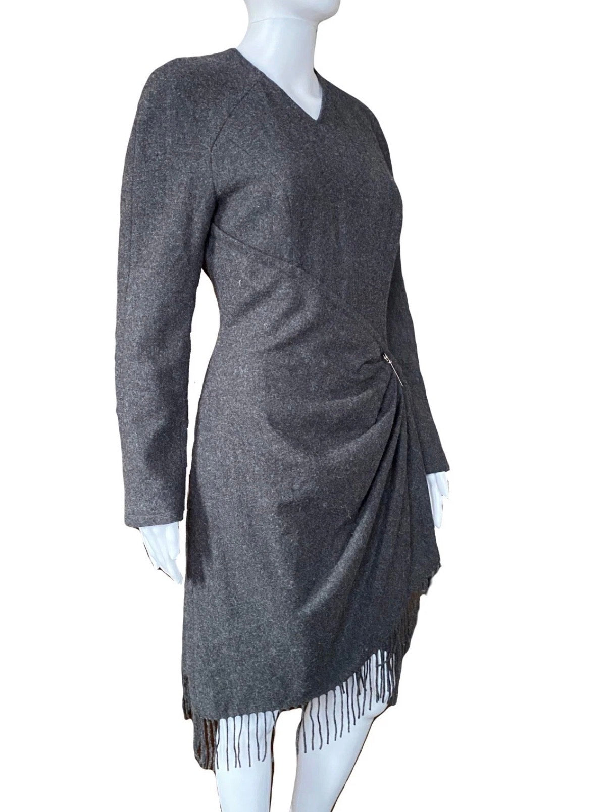 Mugler Grey Wool Fringe Dress 40FR With Metal Pin Vintage 90s