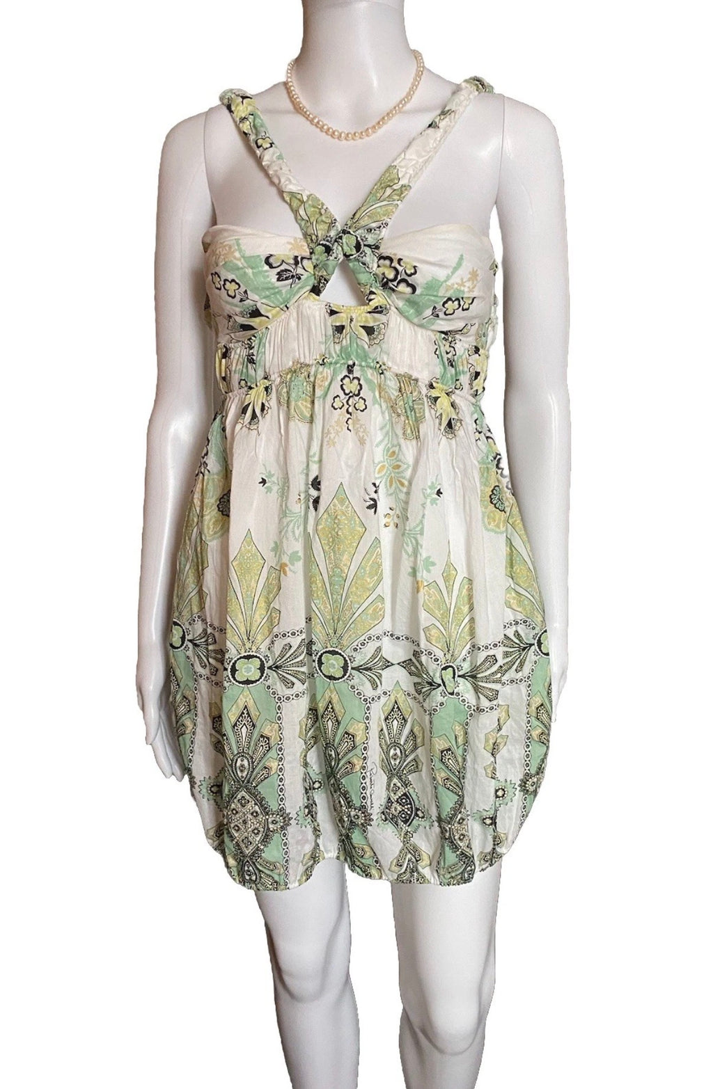 Roberto Cavalli White Cotton Mini Dress 38IT Green & Gold Shimmer Abstract Print