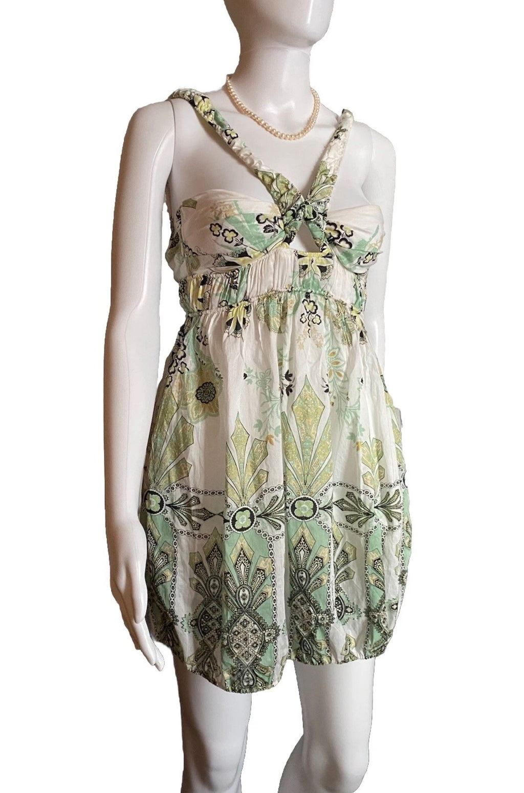 Roberto Cavalli White Cotton Mini Dress 38IT Green & Gold Shimmer Abstract Print
