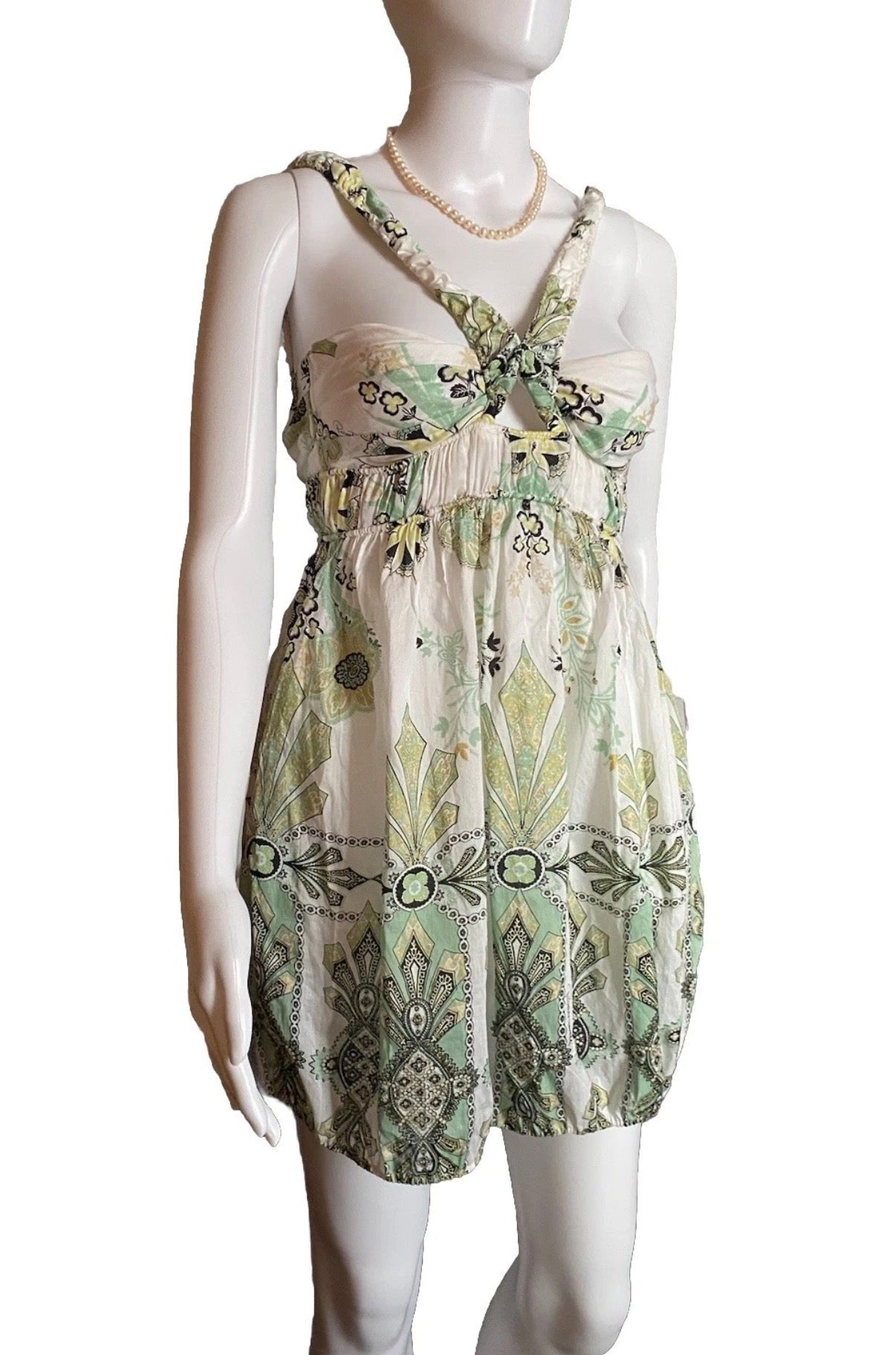 Roberto Cavalli White Cotton Mini Dress 38IT Green & Gold Shimmer Abstract Print