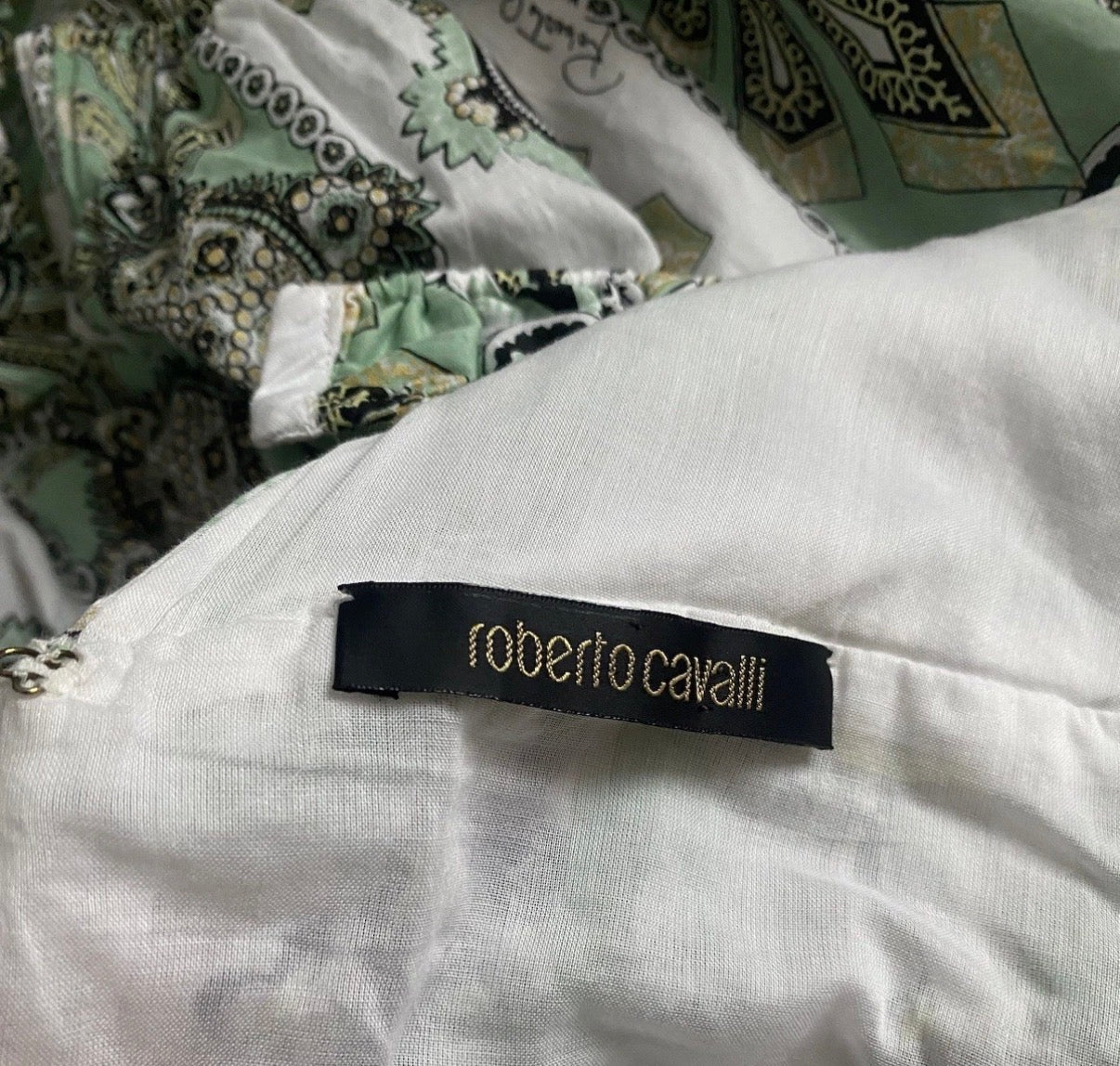 Roberto Cavalli White Cotton Mini Dress 38IT Green & Gold Shimmer Abstract Print