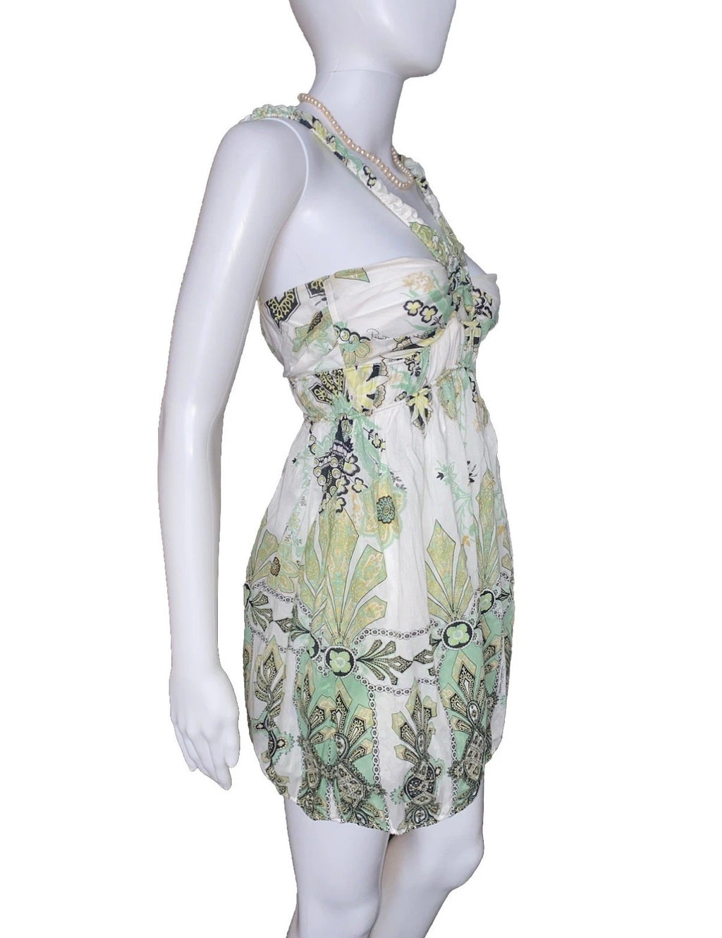 Roberto Cavalli White Cotton Mini Dress 38IT Green & Gold Shimmer Abstract Print