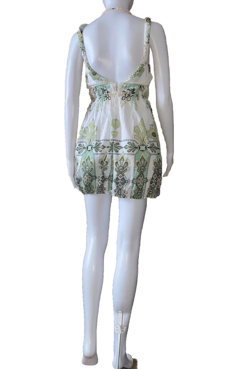 Roberto Cavalli White Cotton Mini Dress 38IT Green & Gold Shimmer Abstract Print