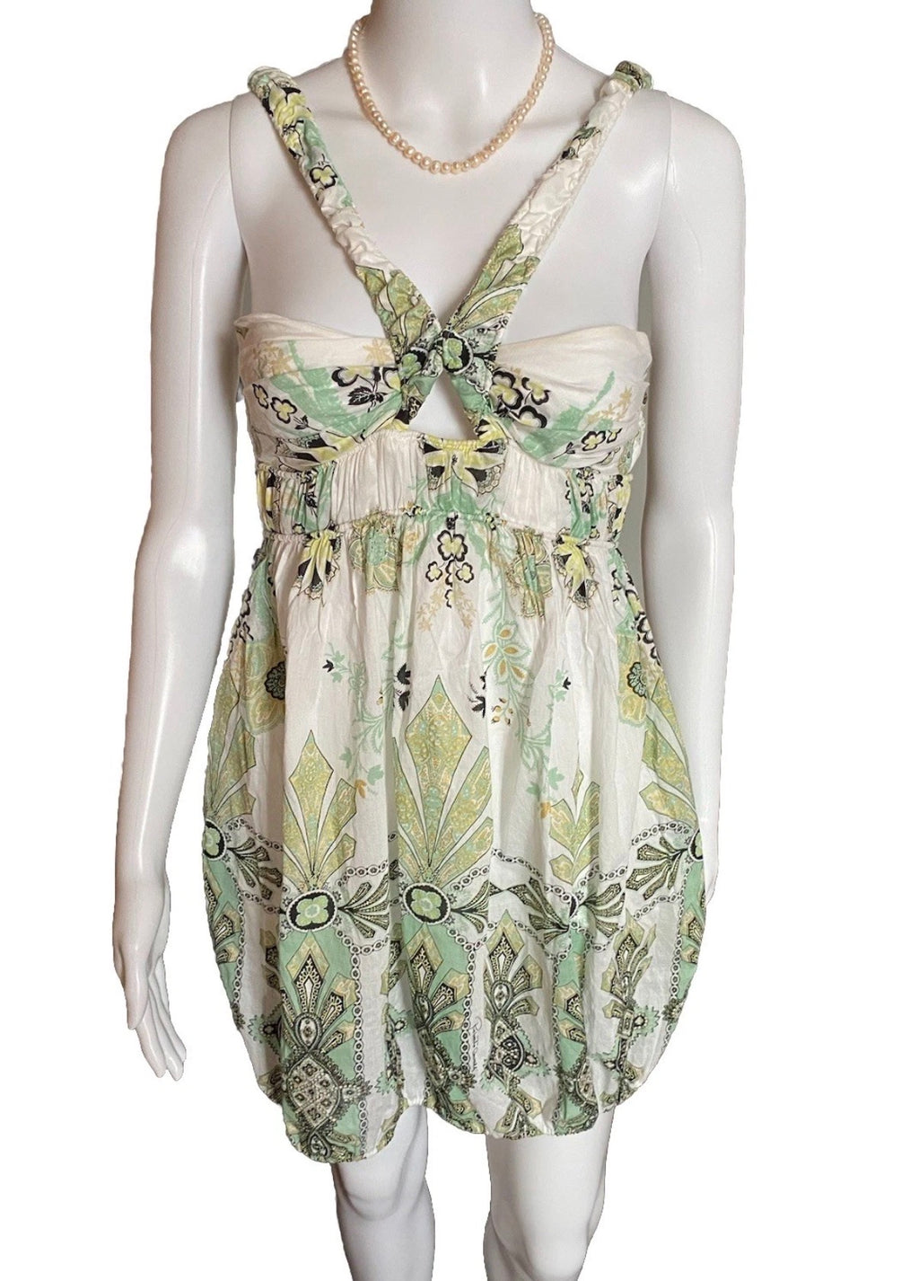 Roberto Cavalli White Cotton Mini Dress 38IT Green & Gold Shimmer Abstract Print