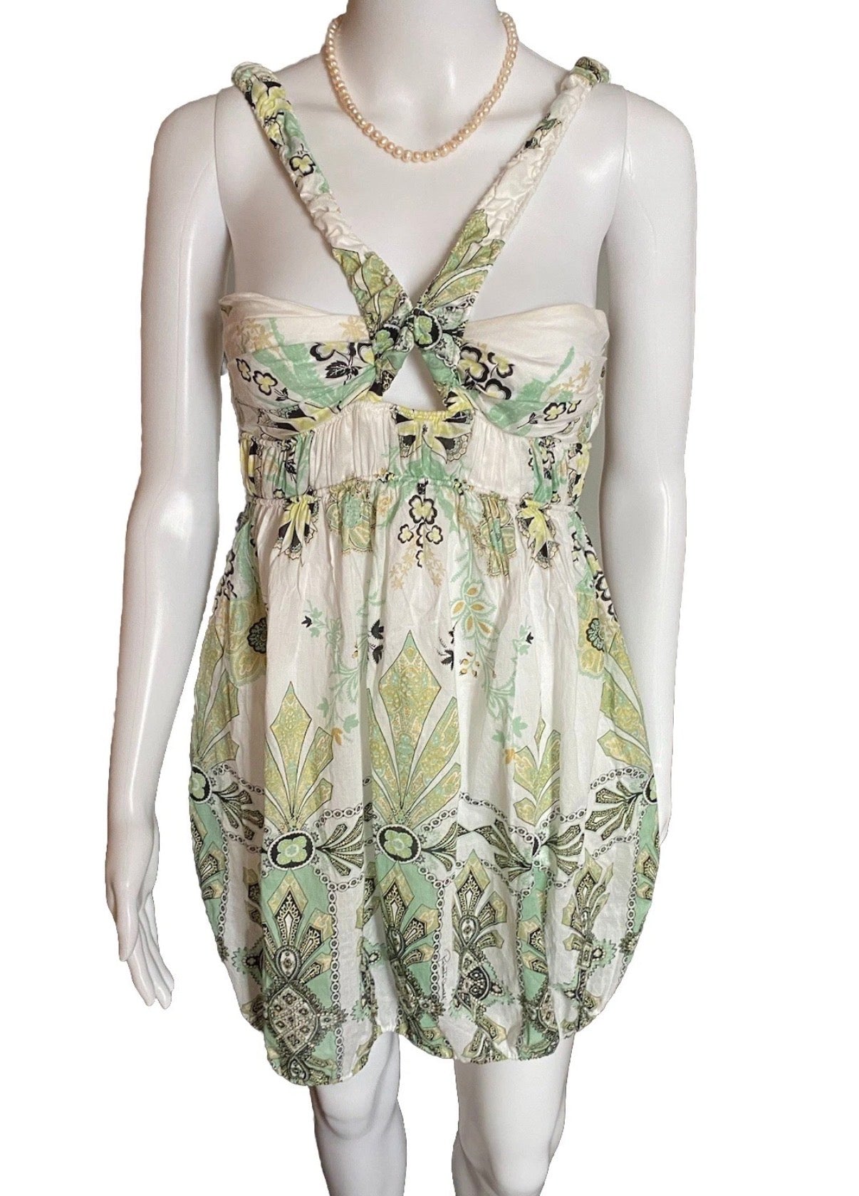 Roberto Cavalli White Cotton Mini Dress 38IT Green & Gold Shimmer Abstract Print