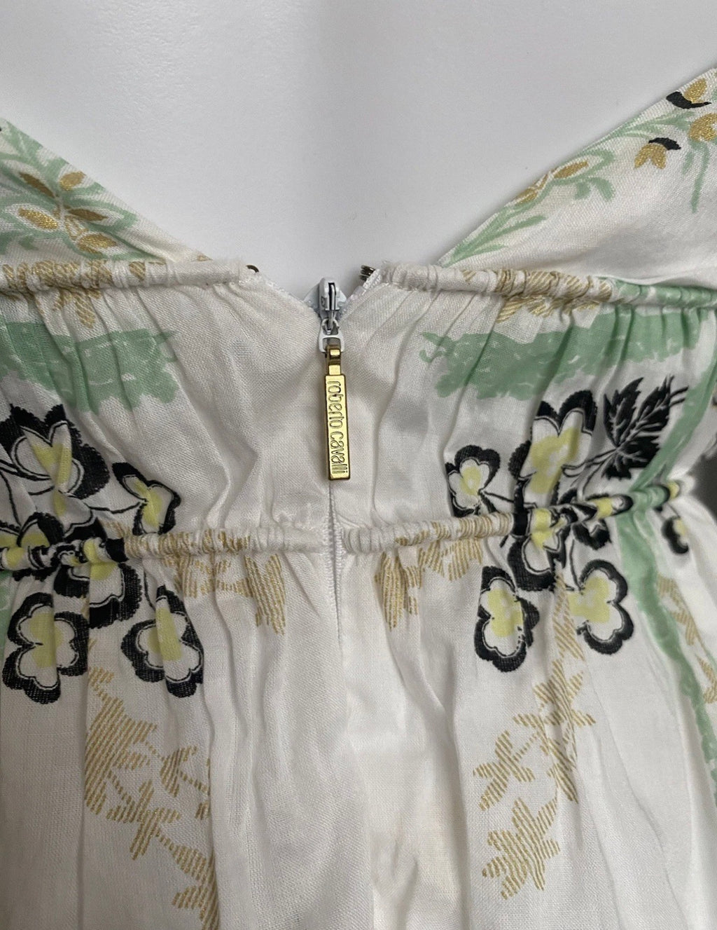 Roberto Cavalli White Cotton Mini Dress 38IT Green & Gold Shimmer Abstract Print