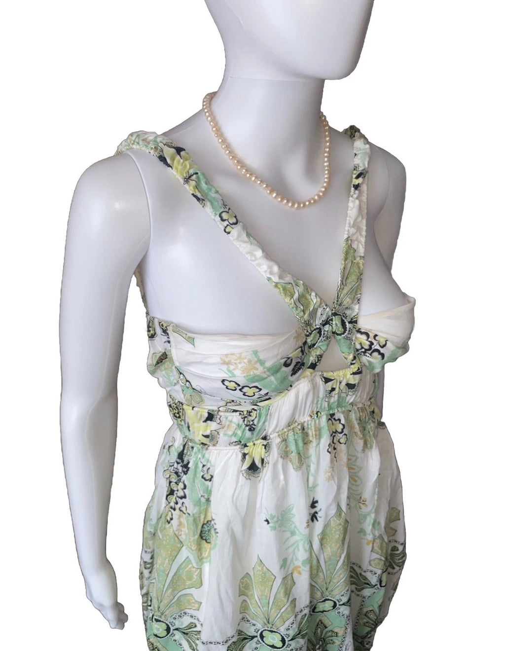 Roberto Cavalli White Cotton Mini Dress 38IT Green & Gold Shimmer Abstract Print