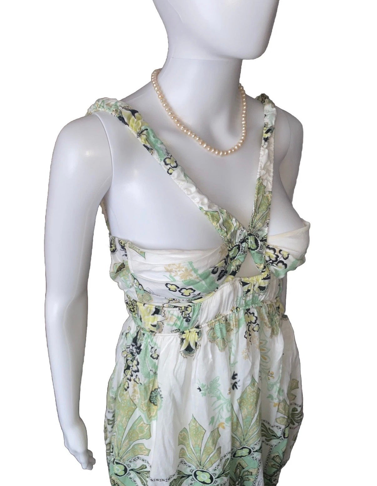 Roberto Cavalli White Cotton Mini Dress 38IT Green & Gold Shimmer Abstract Print