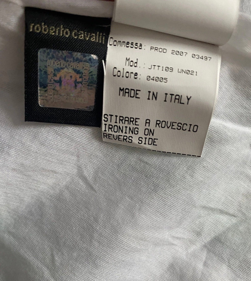 Roberto Cavalli White Cotton Mini Dress 38IT Green & Gold Shimmer Abstract Print