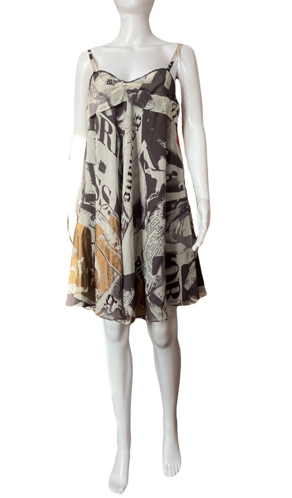 John Galliano 2000s Gazette Print Silk Mini Dress 42IT With Tags Newspaper Vintage