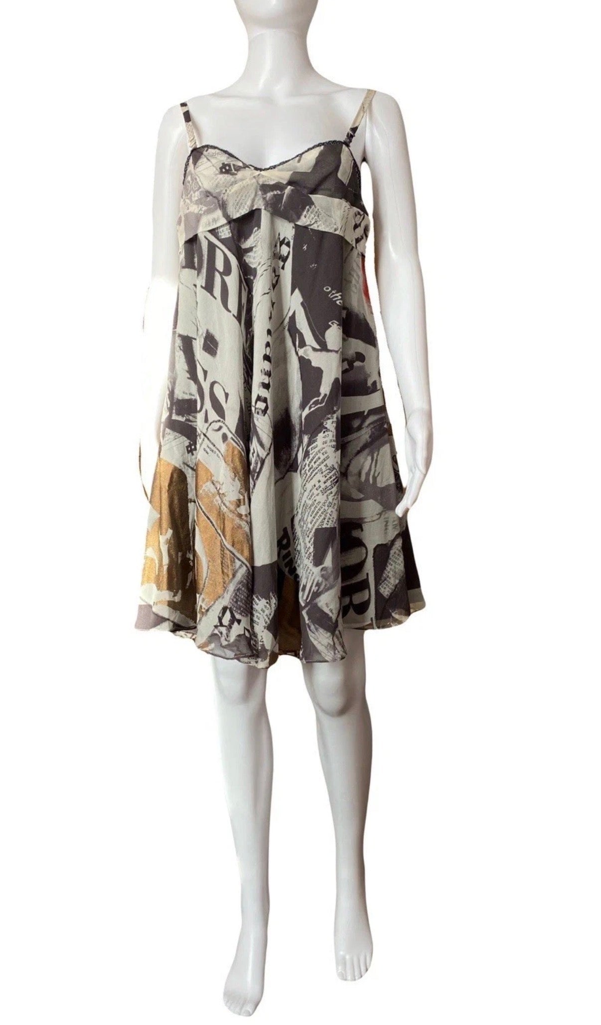 John Galliano 2000s Gazette Print Silk Mini Dress 42IT With Tags Newspaper Vintage