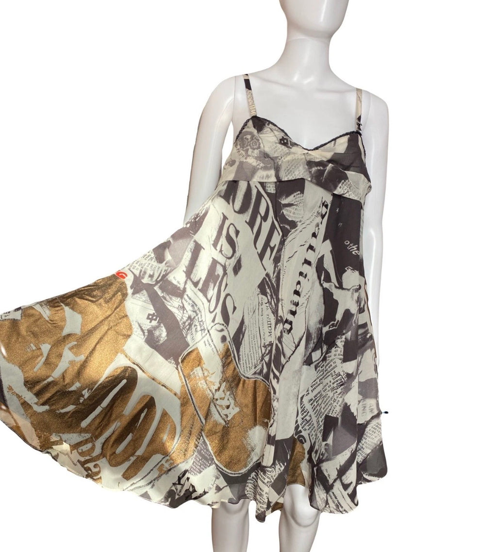 John Galliano 2000s Gazette Print Silk Mini Dress 42IT With Tags Newspaper Vintage