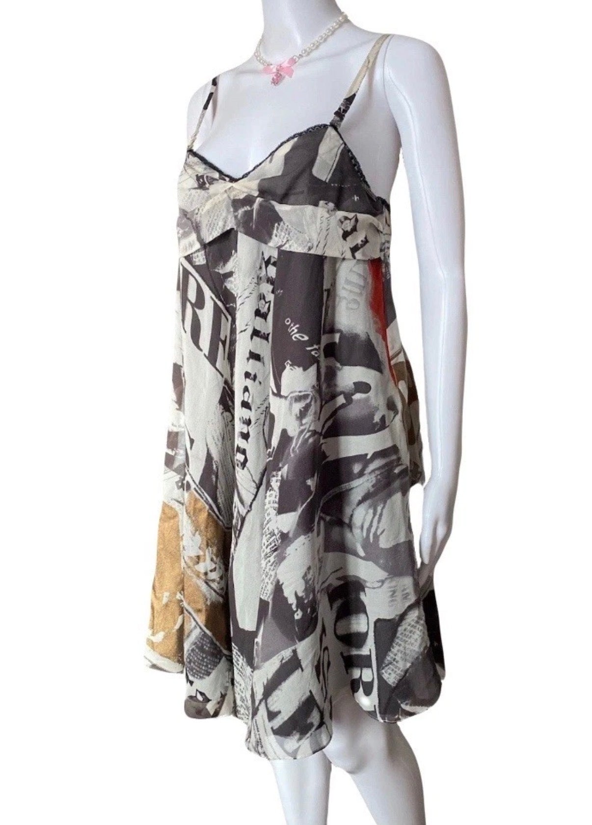 John Galliano 2000s Gazette Print Silk Mini Dress 42IT With Tags Newspaper Vintage