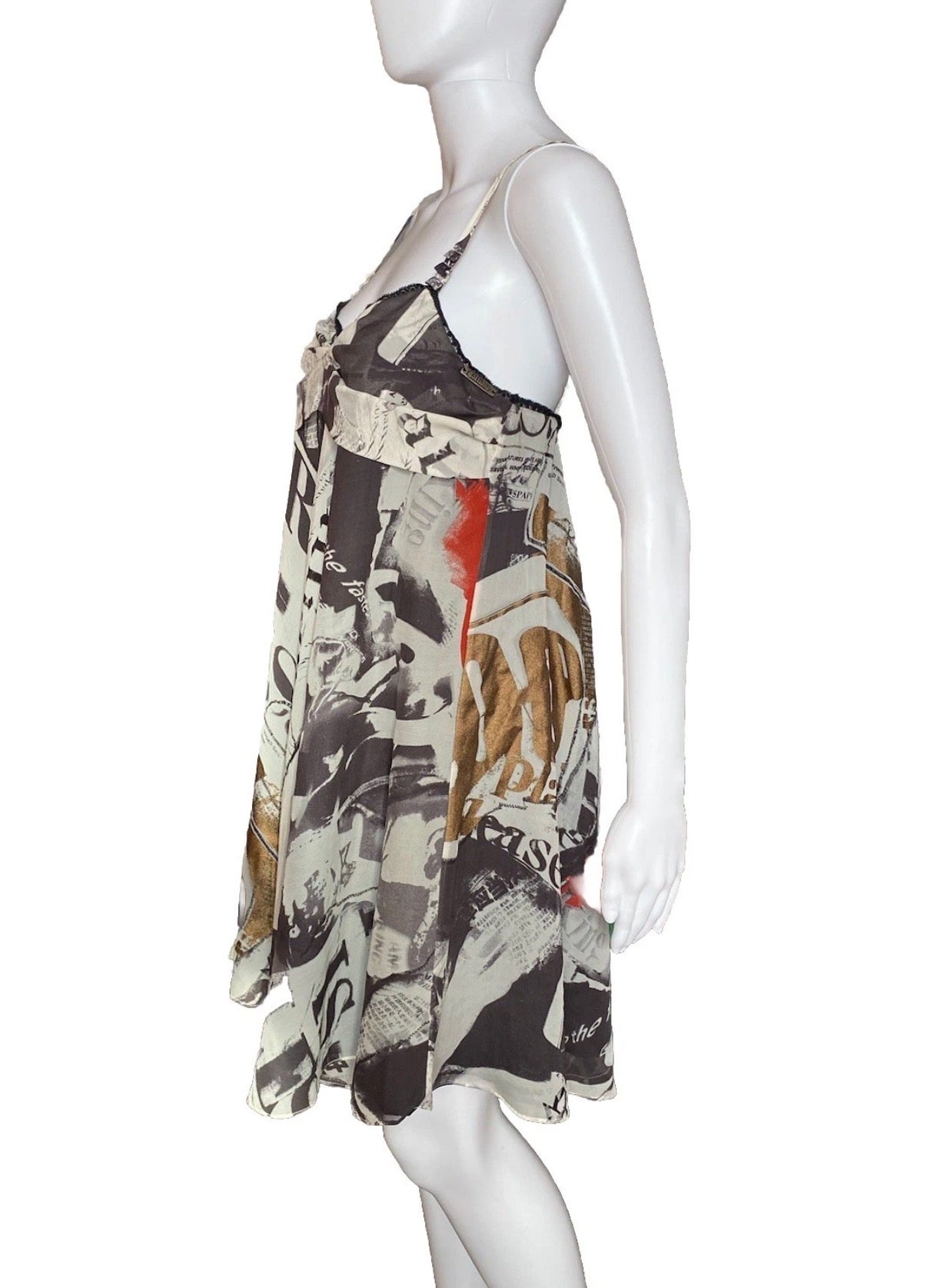 John Galliano 2000s Gazette Print Silk Mini Dress 42IT With Tags Newspaper Vintage